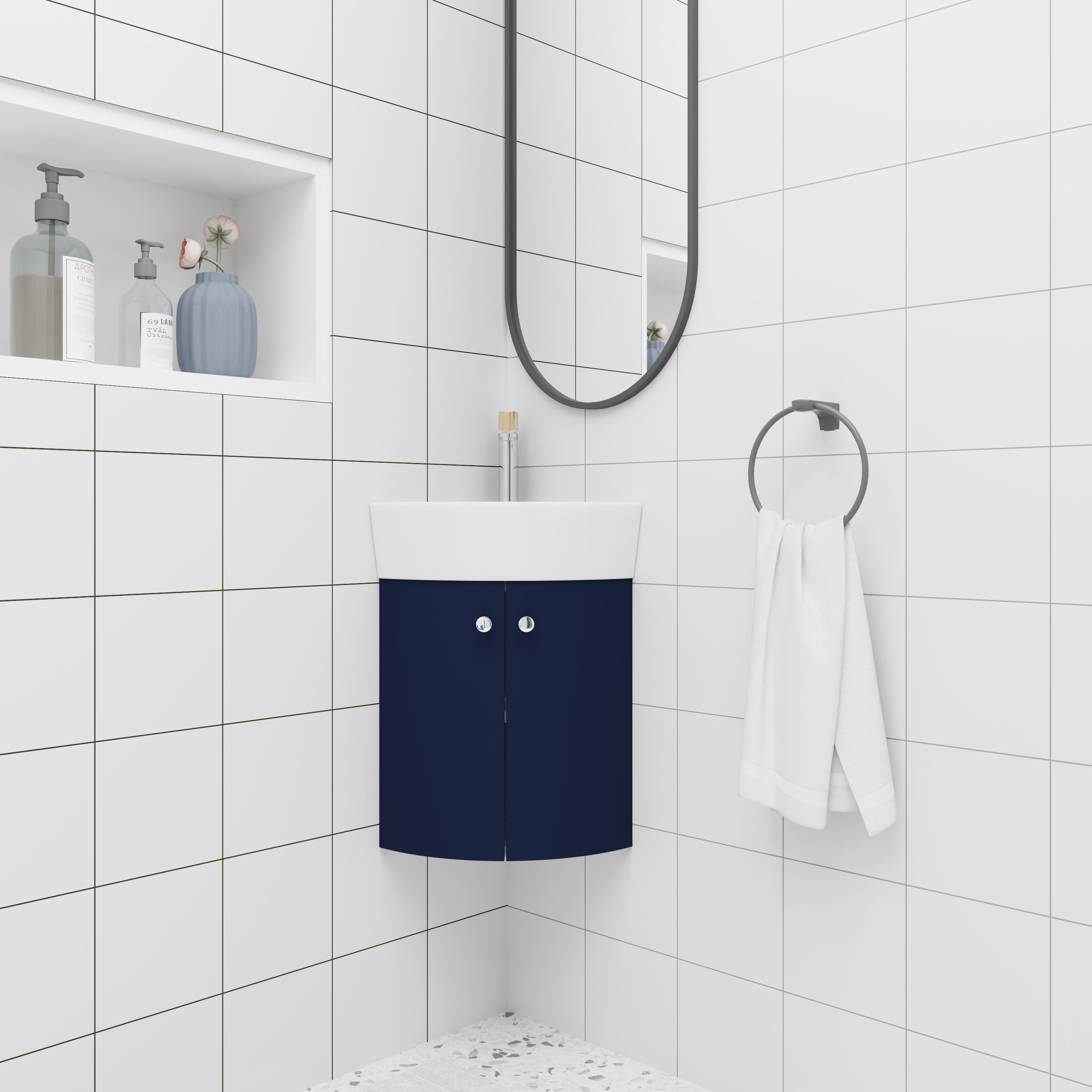 13 inch Plywood Wall Mounted Bathroom Vanity Set in Navy Blue with Integrated Ceramic Sink with Drain