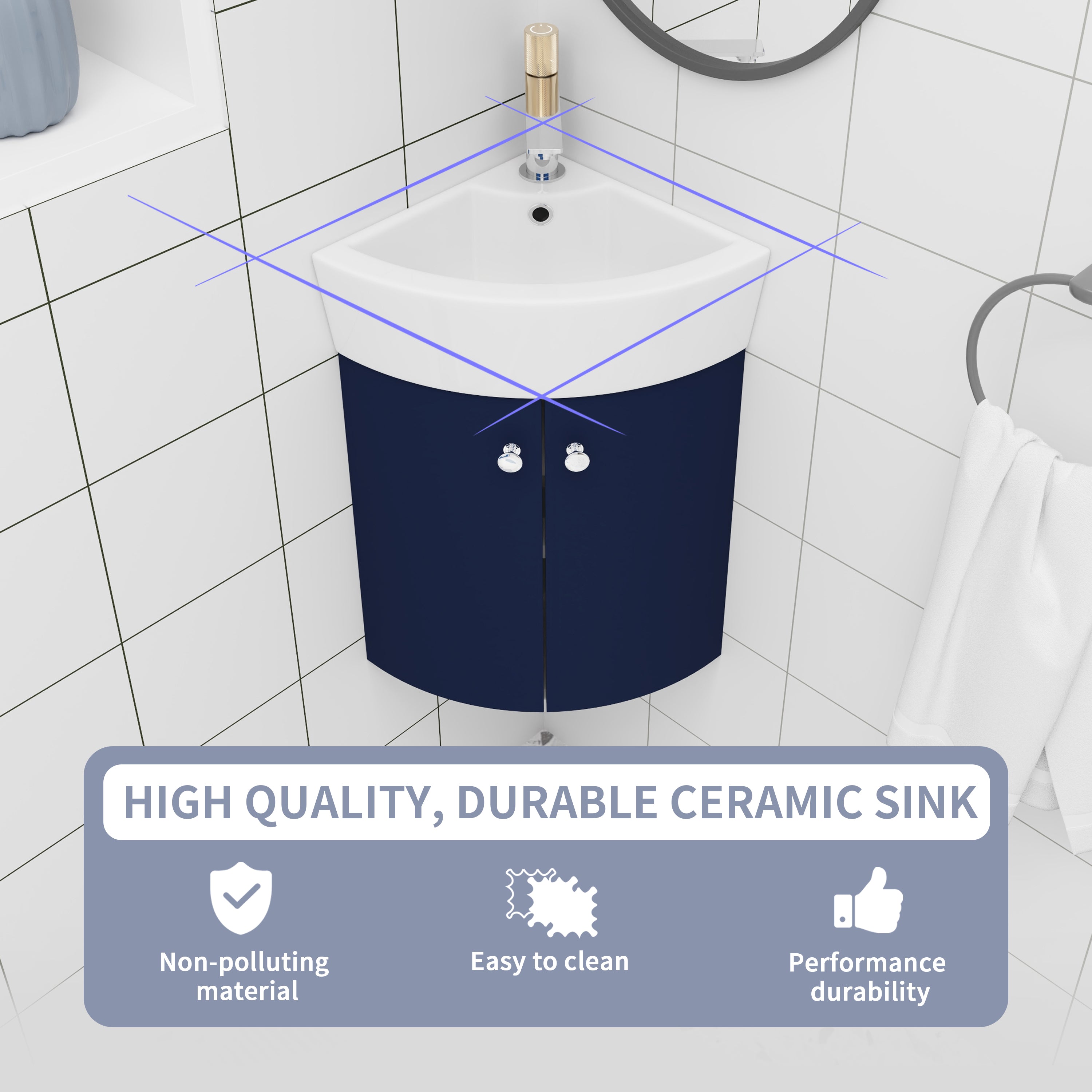 13 inch Plywood Wall Mounted Bathroom Vanity Set in Navy Blue with Integrated Ceramic Sink with Drain