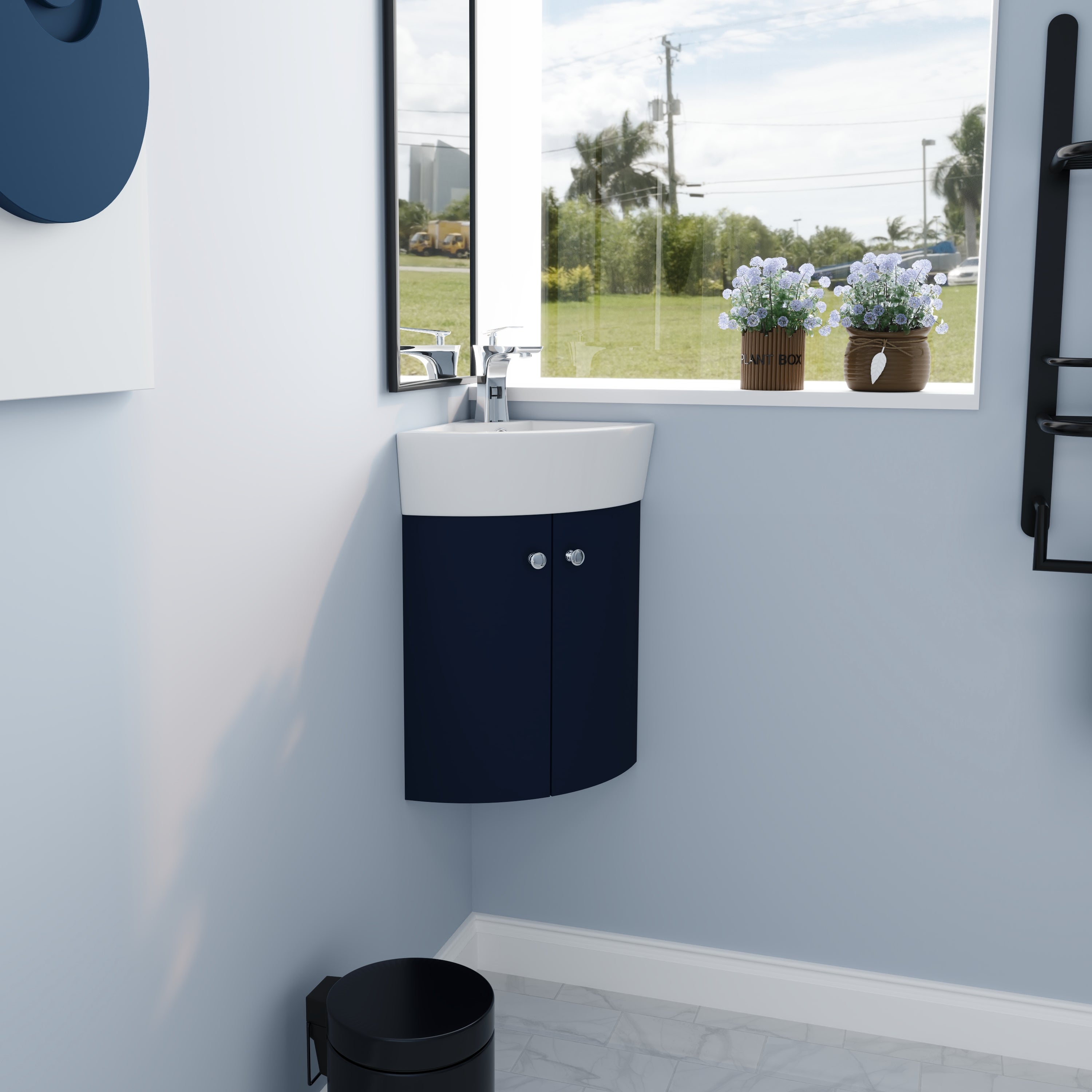 13 inch Plywood Wall Mounted Bathroom Vanity Set in Navy Blue with Integrated Ceramic Sink with Drain