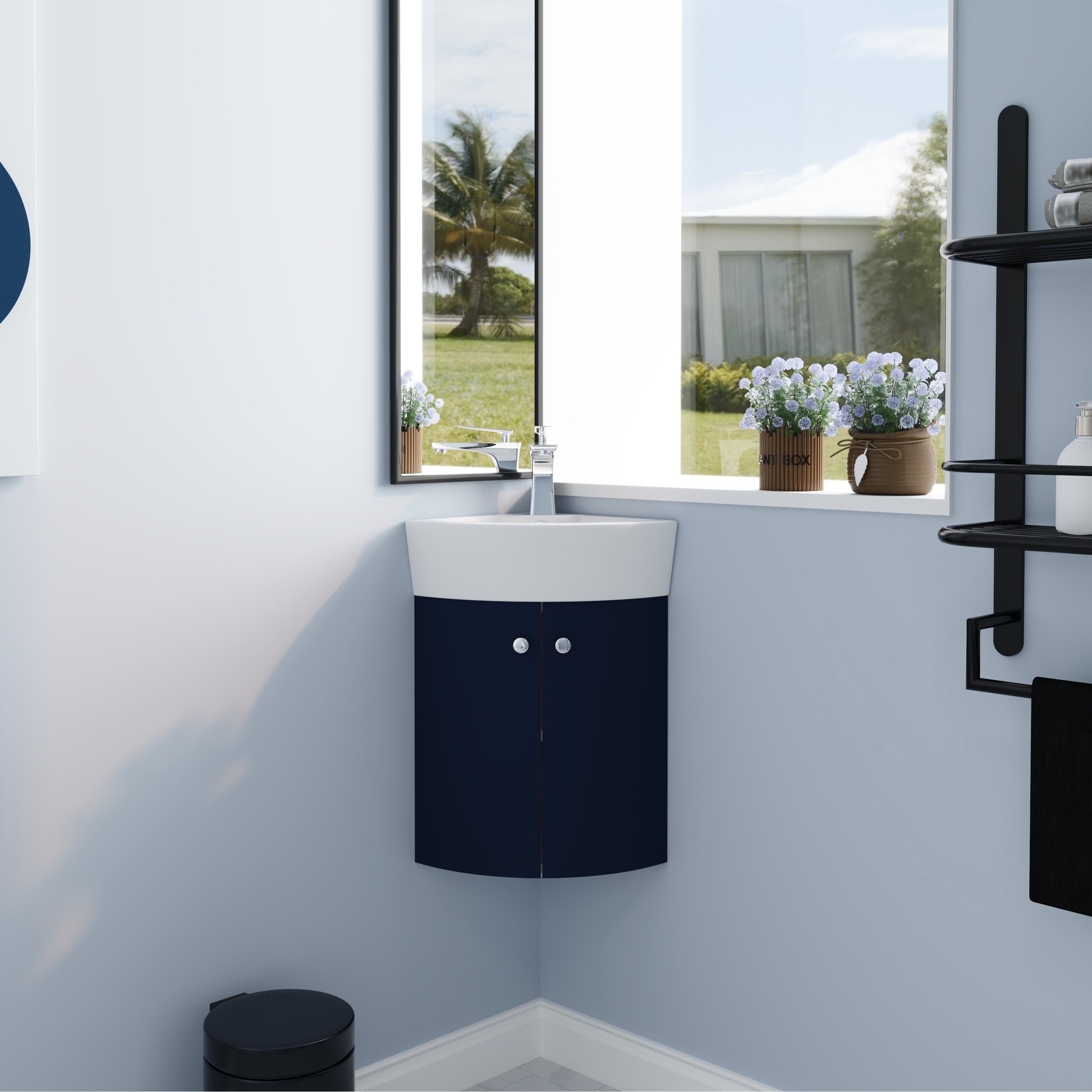 13 inch Plywood Wall Mounted Bathroom Vanity Set in Navy Blue with Integrated Ceramic Sink with Drain