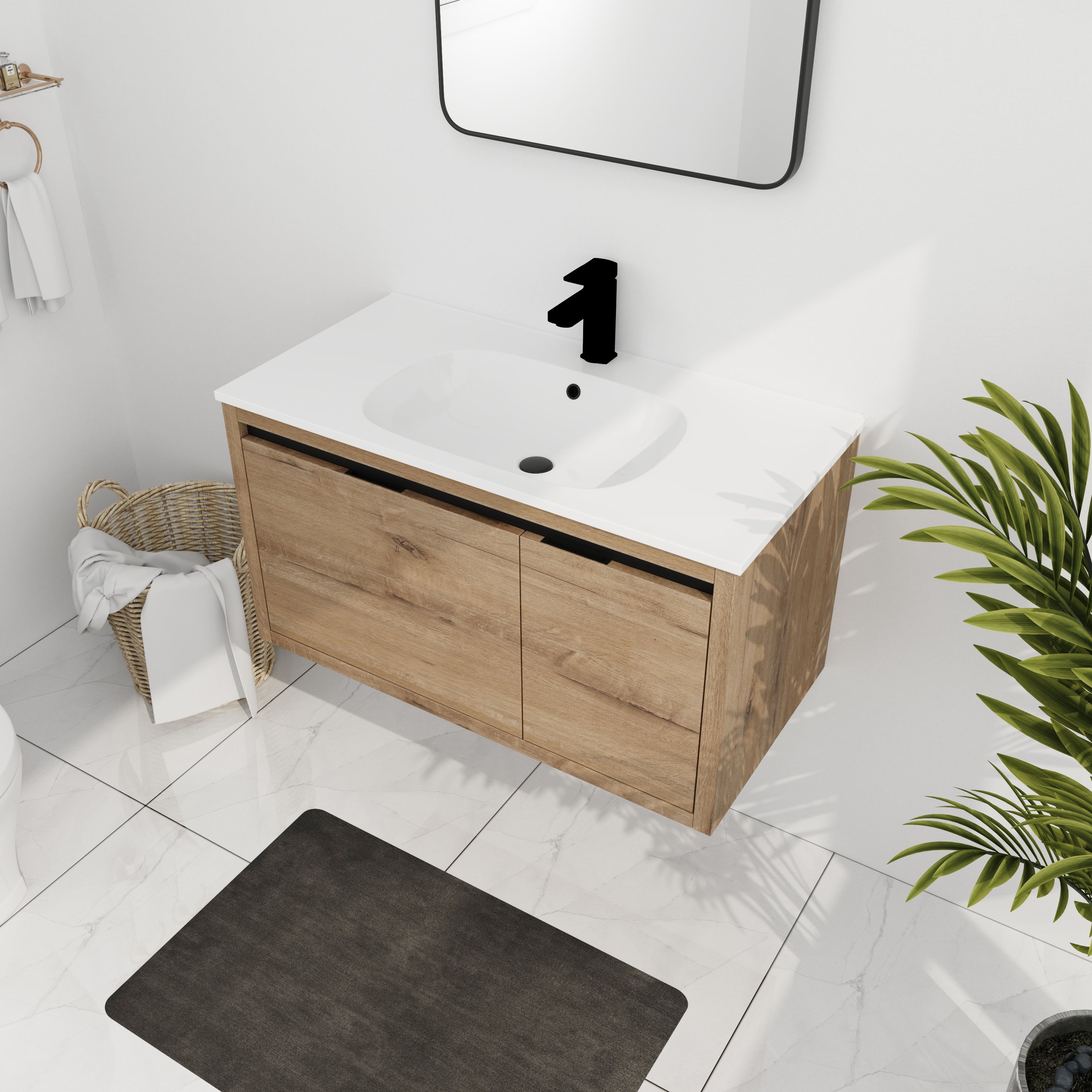 36 Inch Wall Mounted Bathroom Vanity with Soft-closing  Doors and Drawer with Cultured Marble Sink