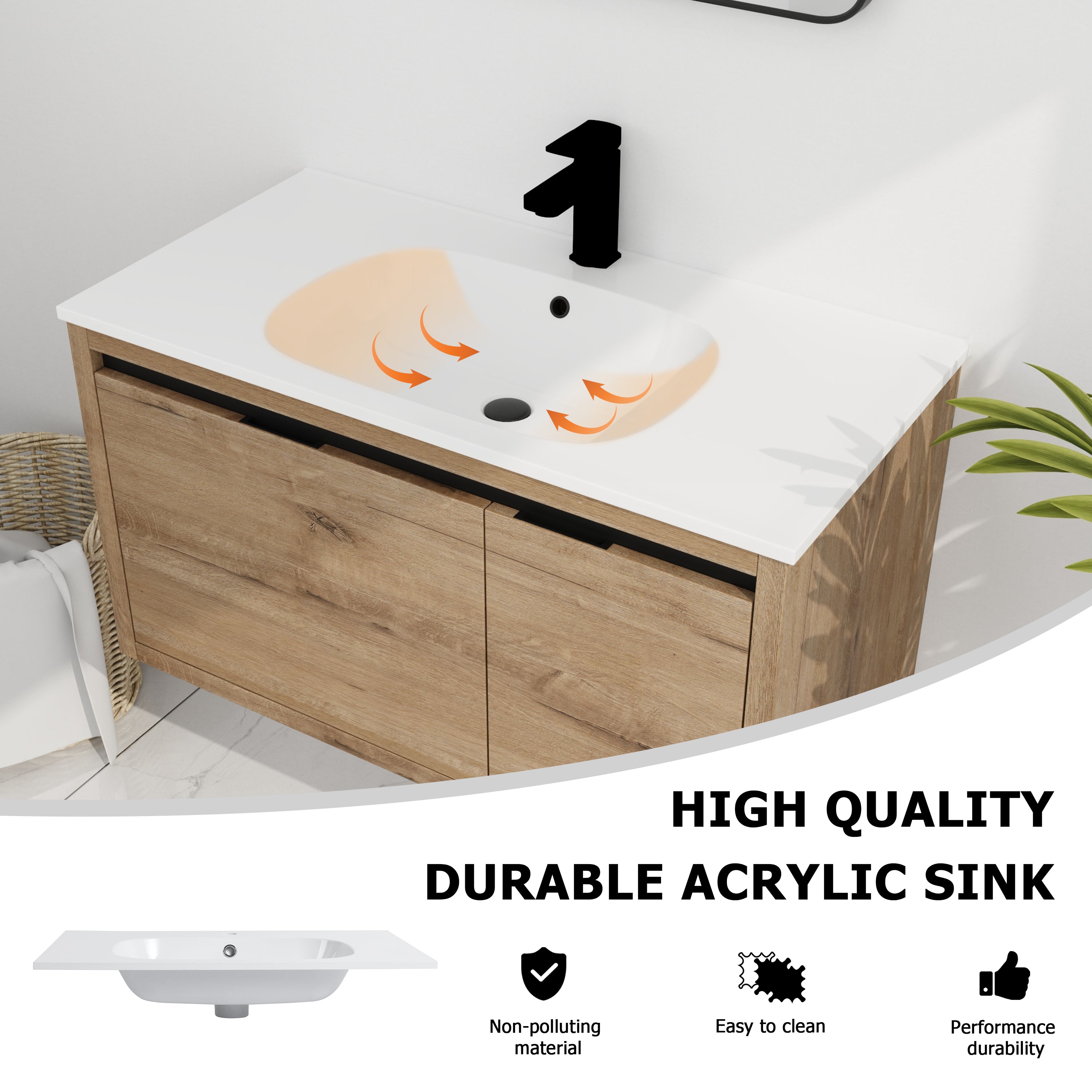 36 Inch Wall Mounted Bathroom Vanity with Soft-closing  Doors and Drawer with Cultured Marble Sink
