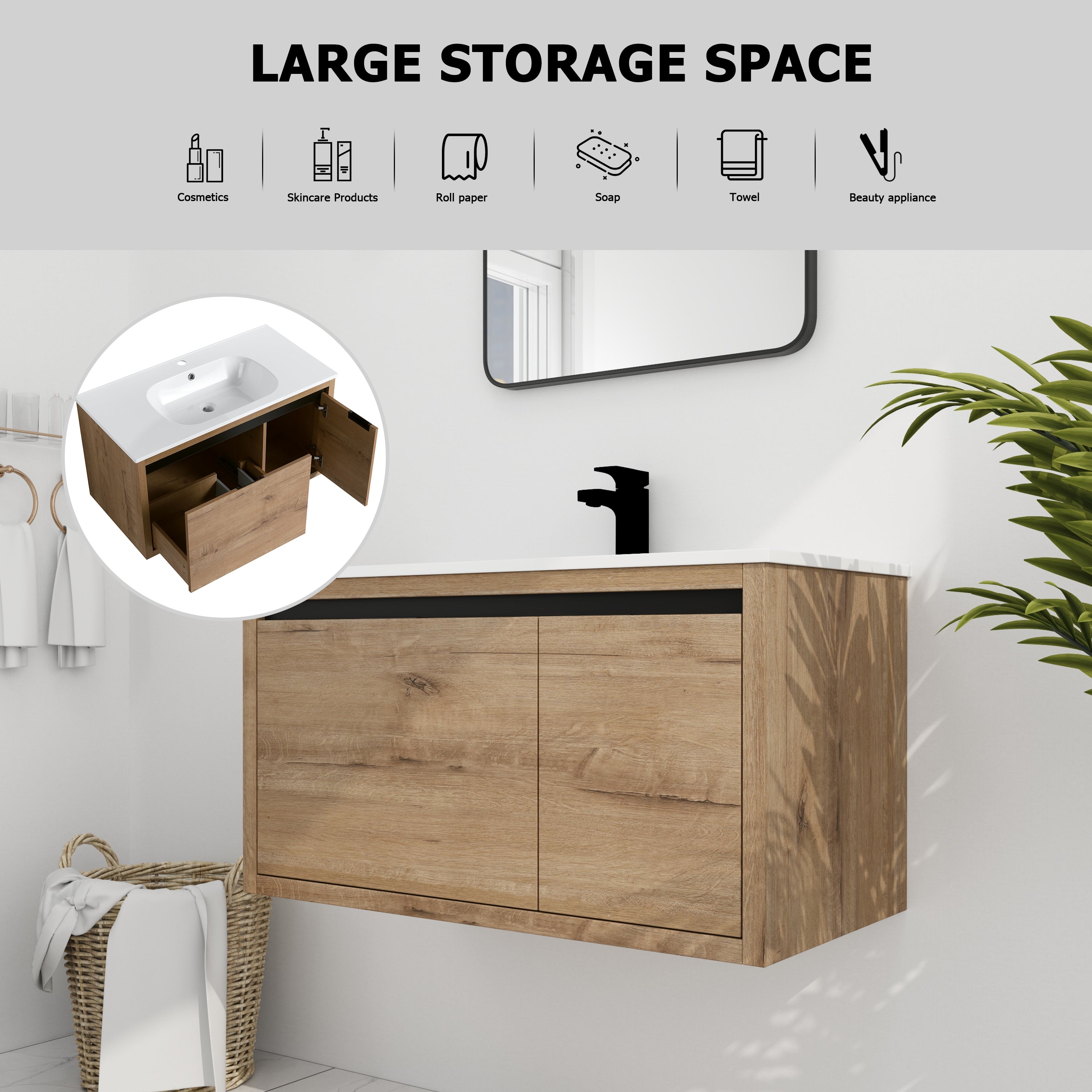 36 Inch Wall Mounted Bathroom Vanity with Soft-closing  Doors and Drawer with Cultured Marble Sink
