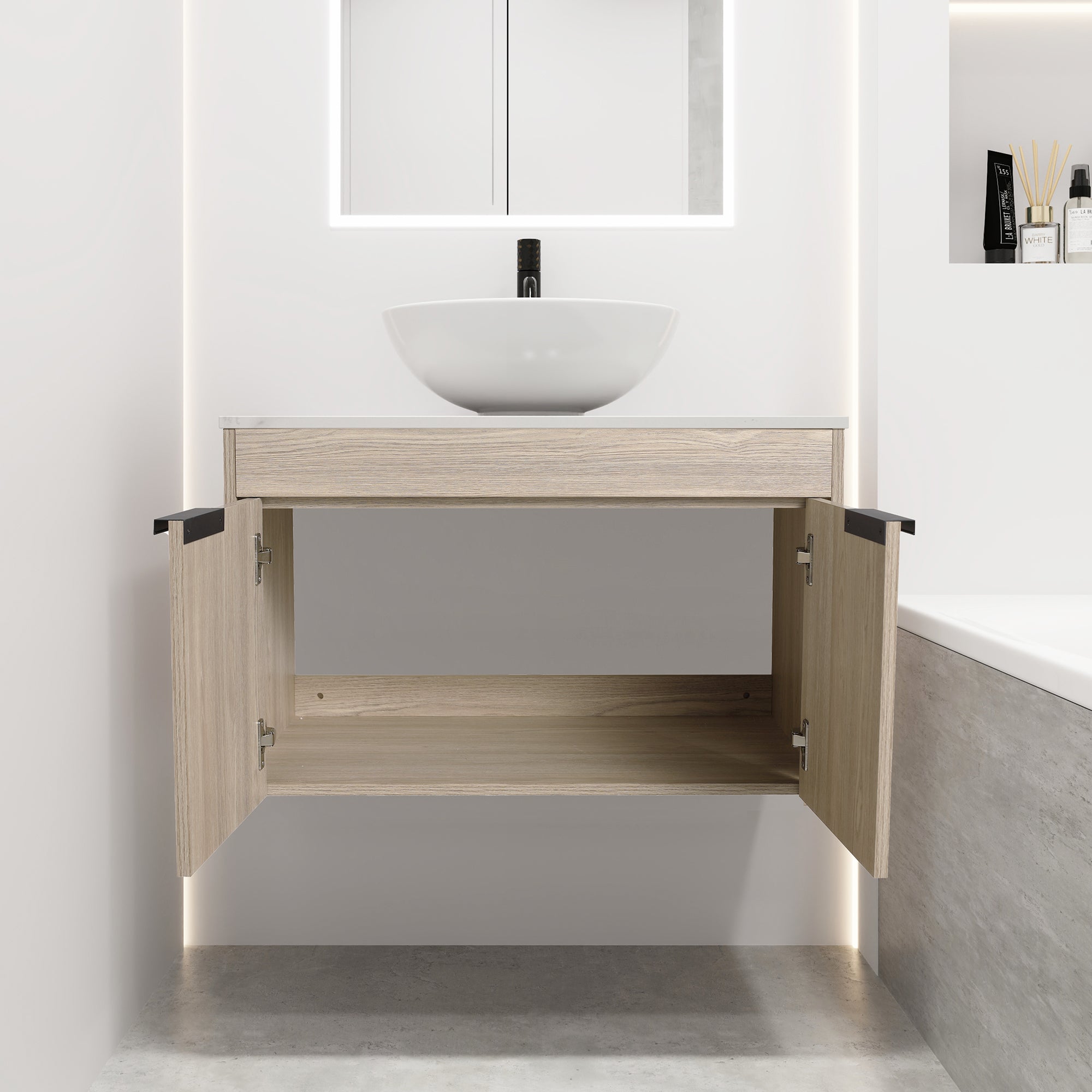 30Inch Modern Design Float Bathroom Vanity Set in White Oak  with Soft Close Door  With Ceramic Basin