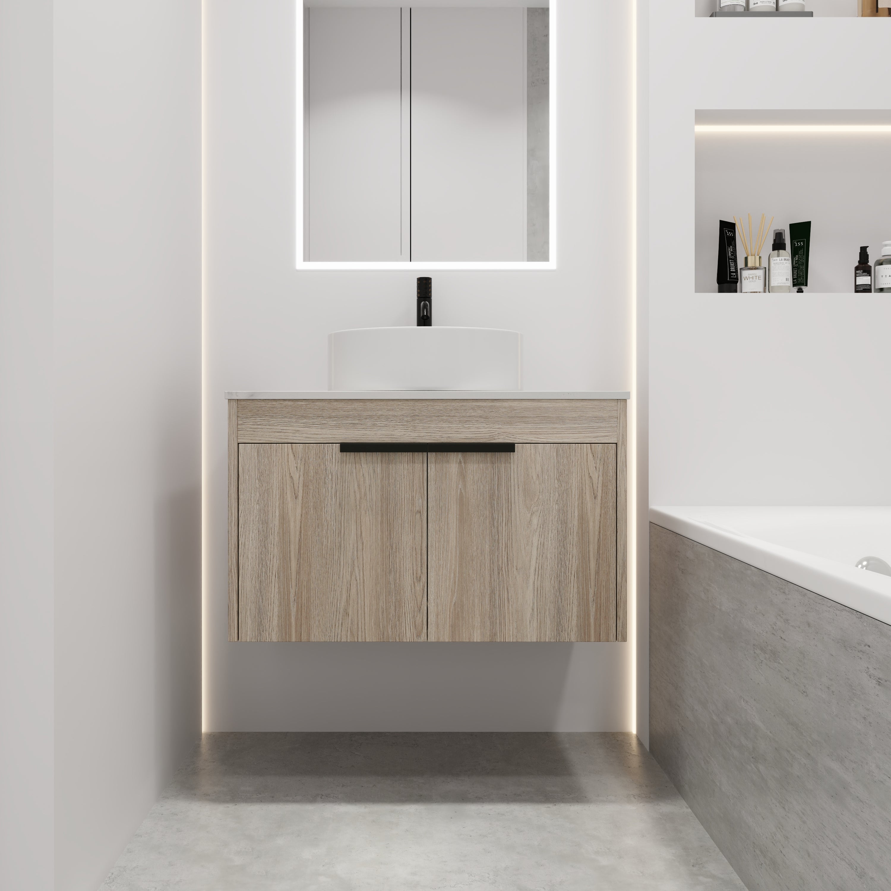 30Inch Modern Design Float Bathroom Vanity Set in White Oak  with Soft Close Door  With Ceramic Basin