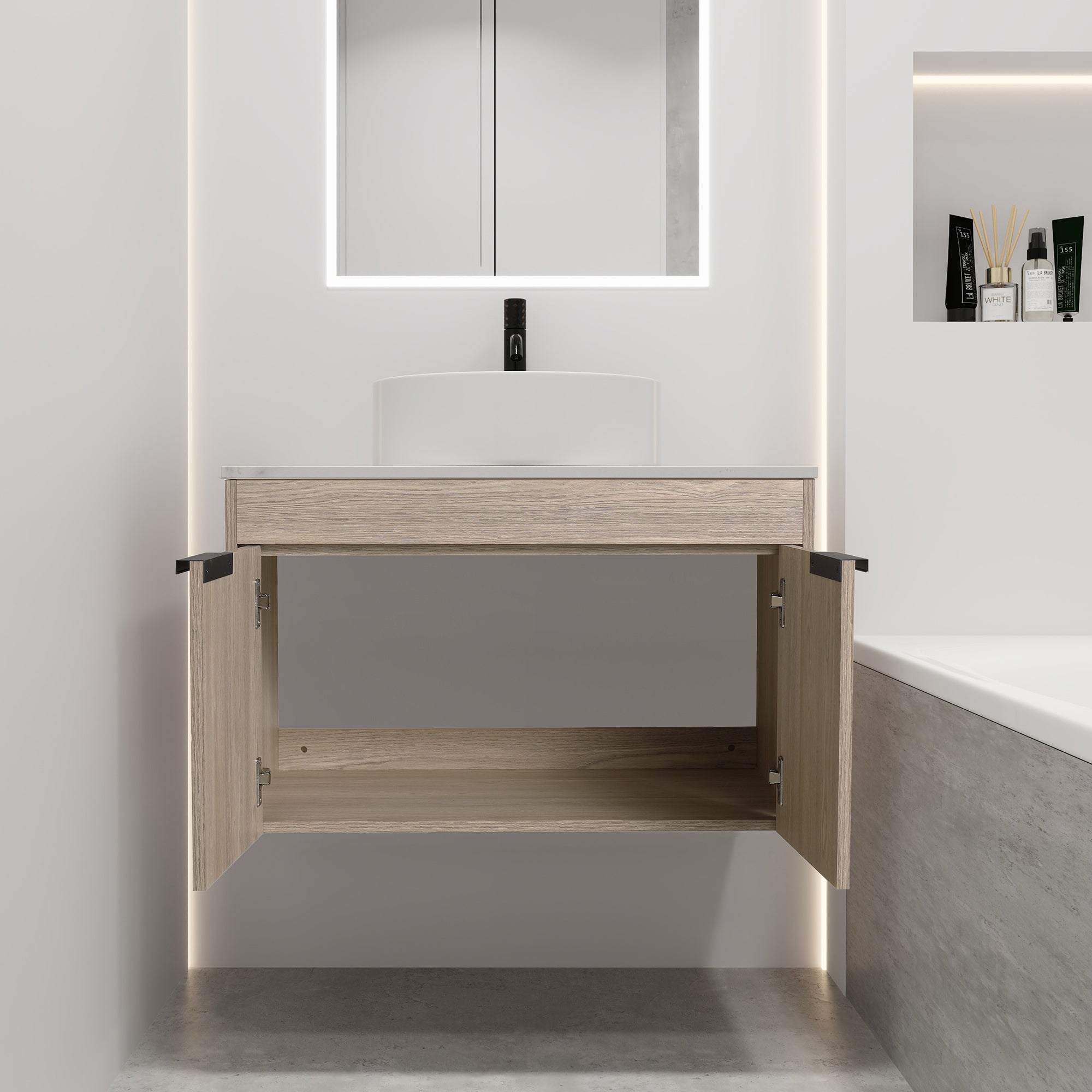 30Inch Modern Design Float Bathroom Vanity Set in White Oak  with Soft Close Door  With Ceramic Basin