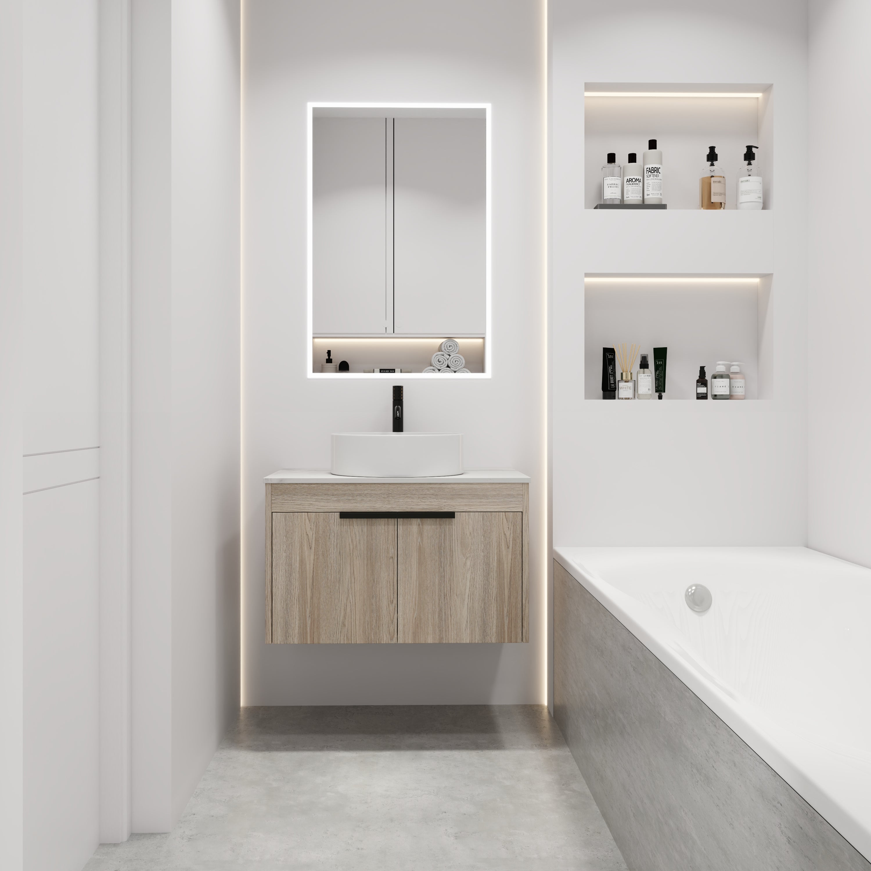 30Inch Modern Design Float Bathroom Vanity Set in White Oak  with Soft Close Door  With Ceramic Basin
