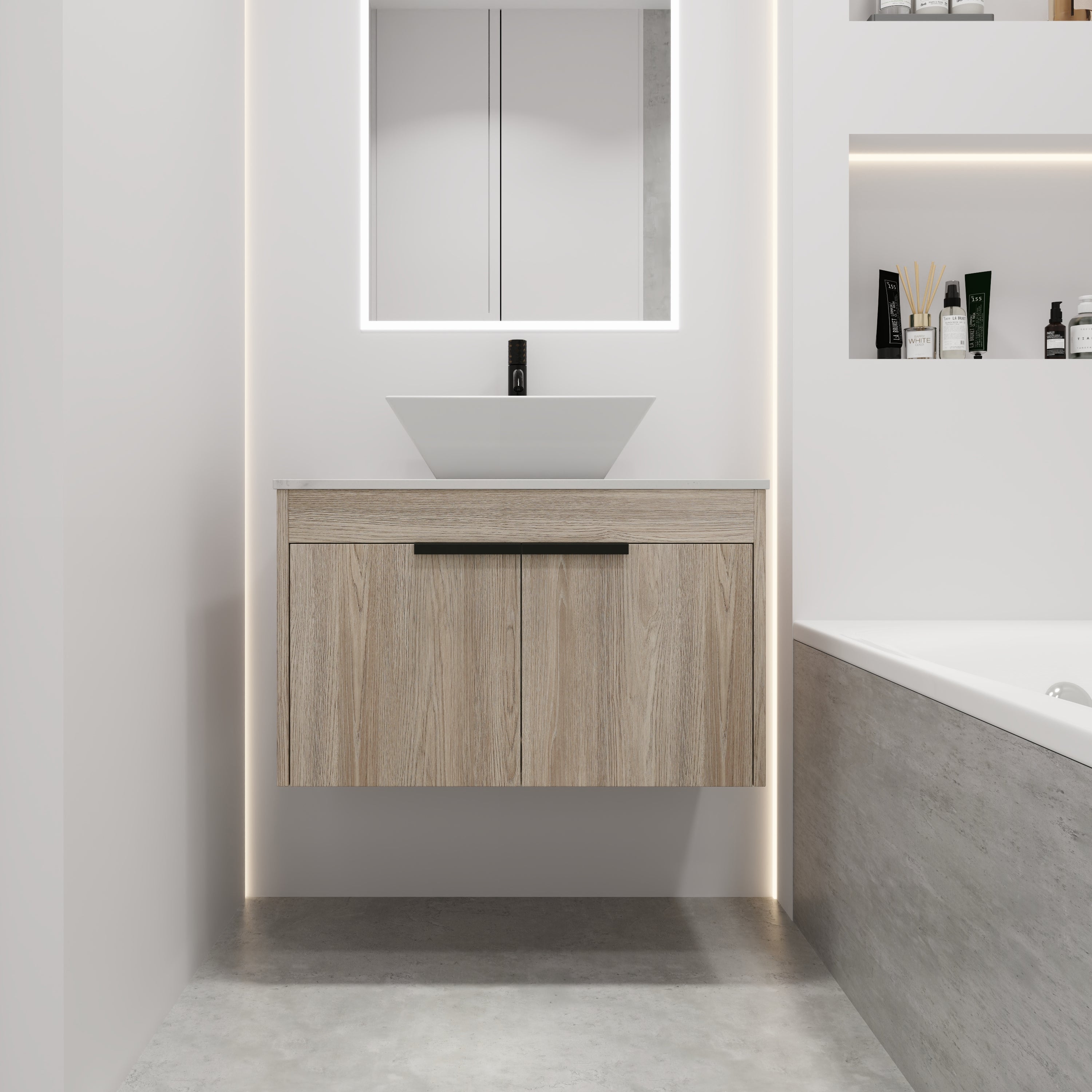30Inch Modern Design Float Bathroom Vanity Set in White Oak  with Soft Close Door  With Ceramic Basin