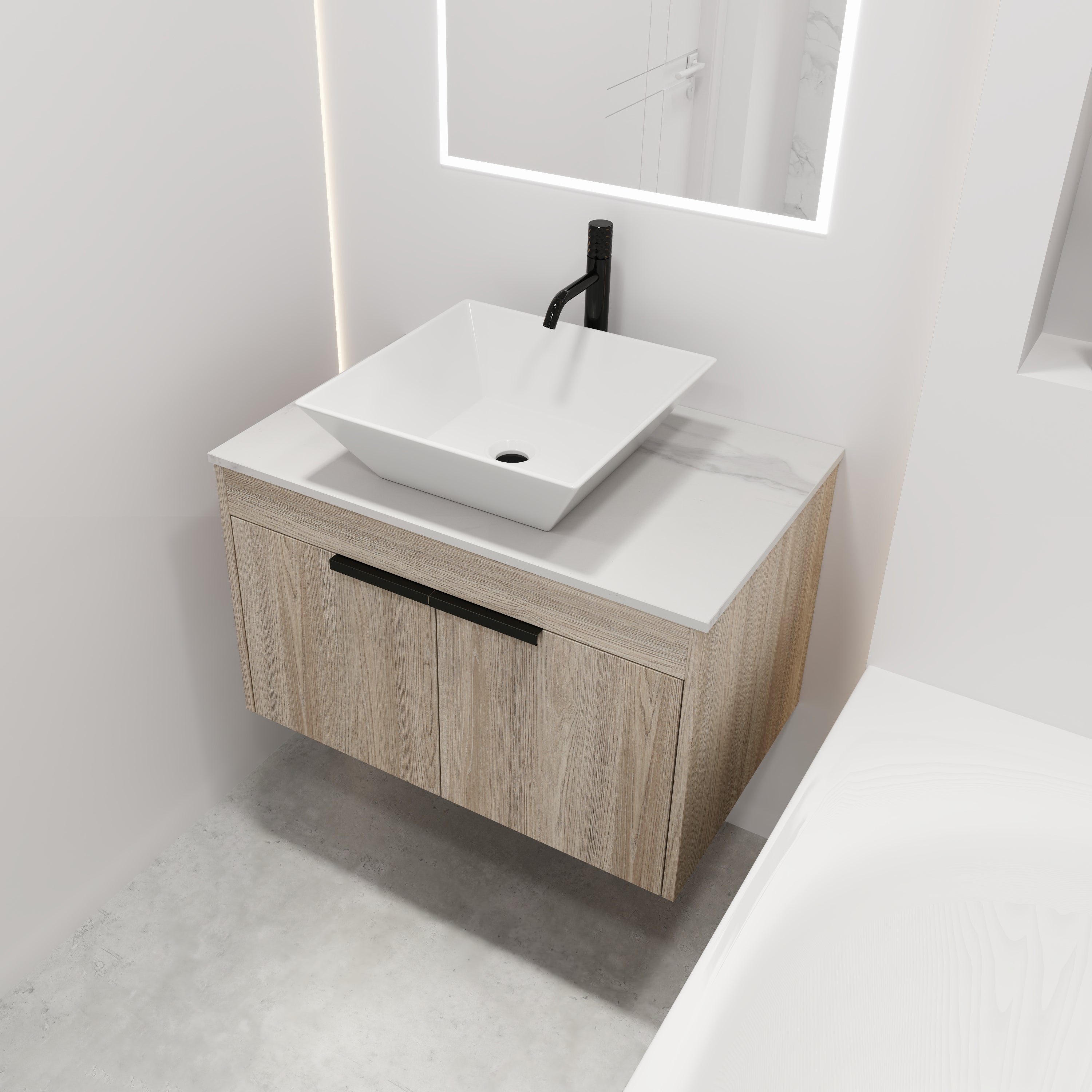 30Inch Modern Design Float Bathroom Vanity Set in White Oak  with Soft Close Door  With Ceramic Basin