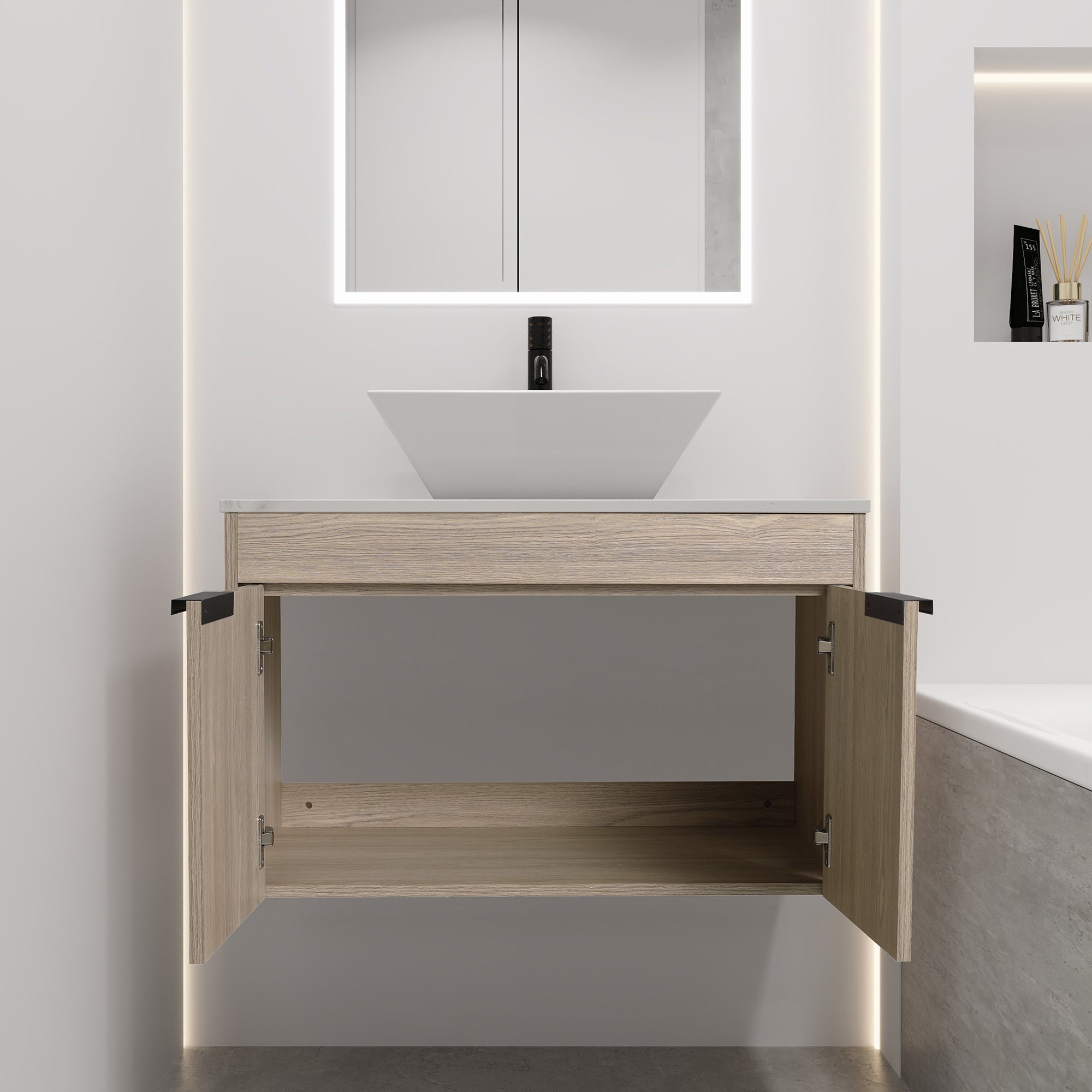 30Inch Modern Design Float Bathroom Vanity Set in White Oak  with Soft Close Door  With Ceramic Basin