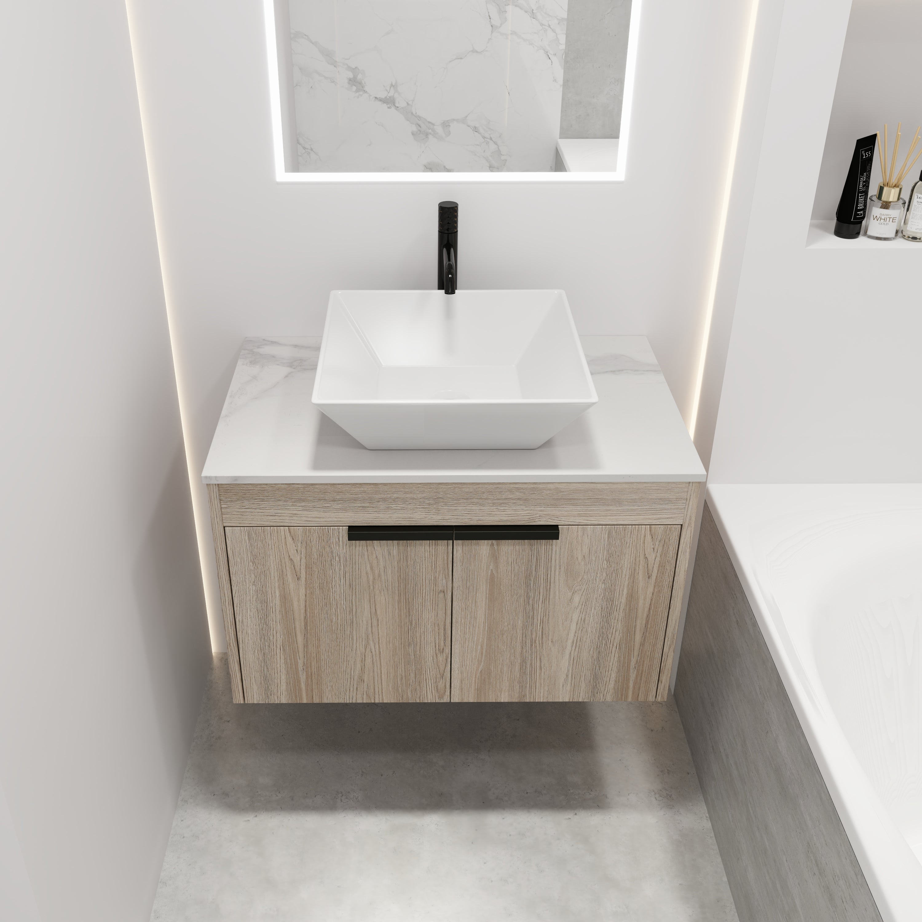 30Inch Modern Design Float Bathroom Vanity Set in White Oak  with Soft Close Door  With Ceramic Basin