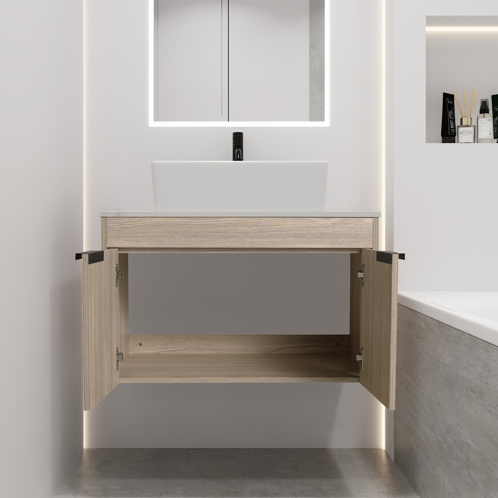 30Inch Modern Design Float Bathroom Vanity Set in White Oak  with Soft Close Door  With Ceramic Basin
