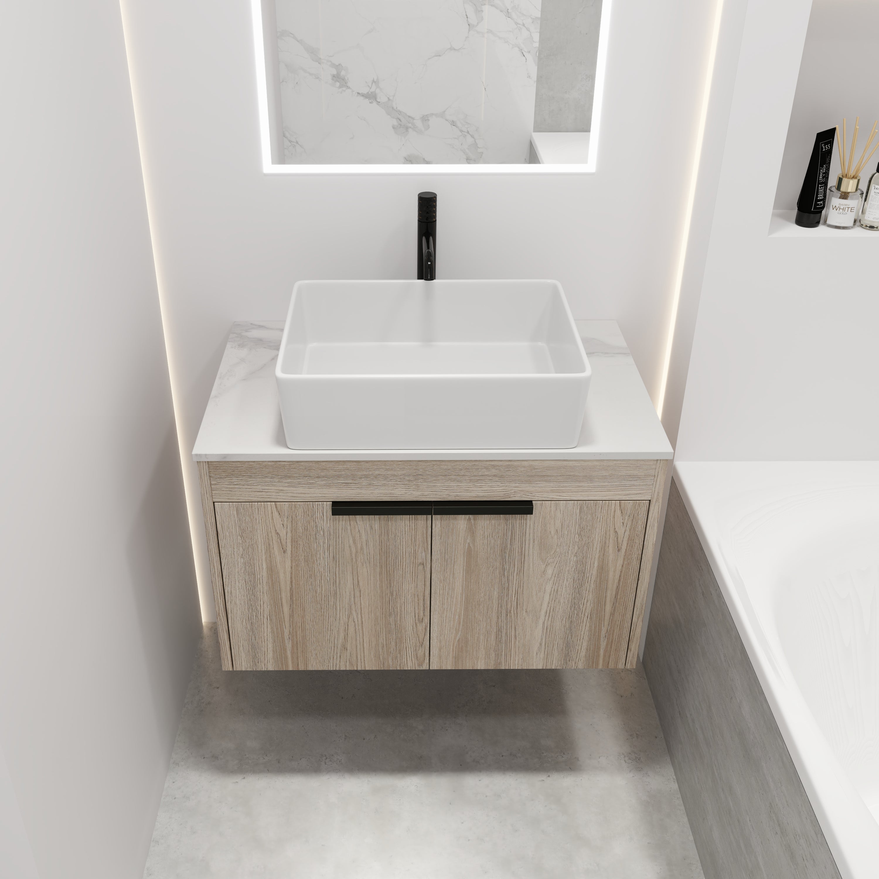 30Inch Modern Design Float Bathroom Vanity Set in White Oak  with Soft Close Door  With Ceramic Basin