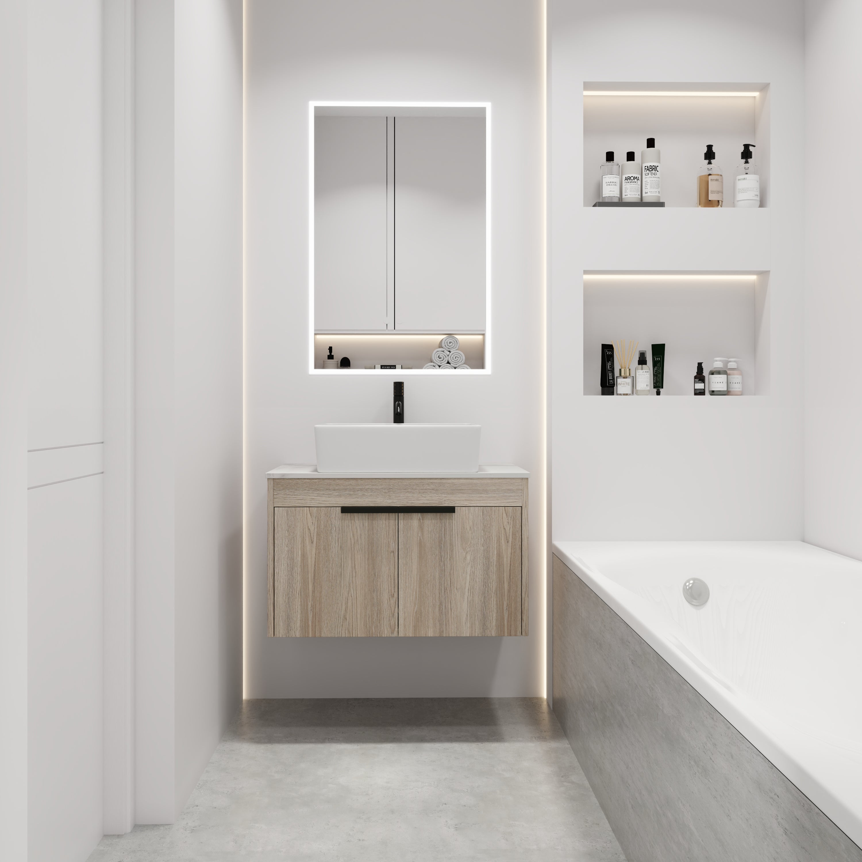 30Inch Modern Design Float Bathroom Vanity Set in White Oak  with Soft Close Door  With Ceramic Basin