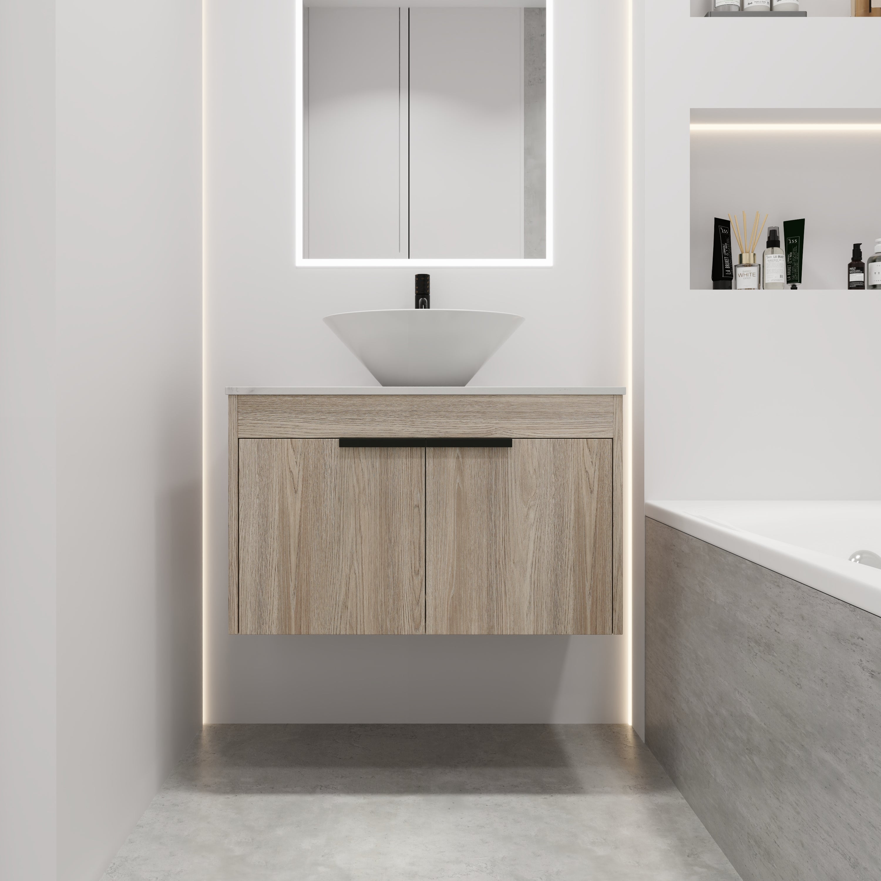 30Inch Modern Design Float Bathroom Vanity Set in White Oak  with Soft Close Door  With Ceramic Basin