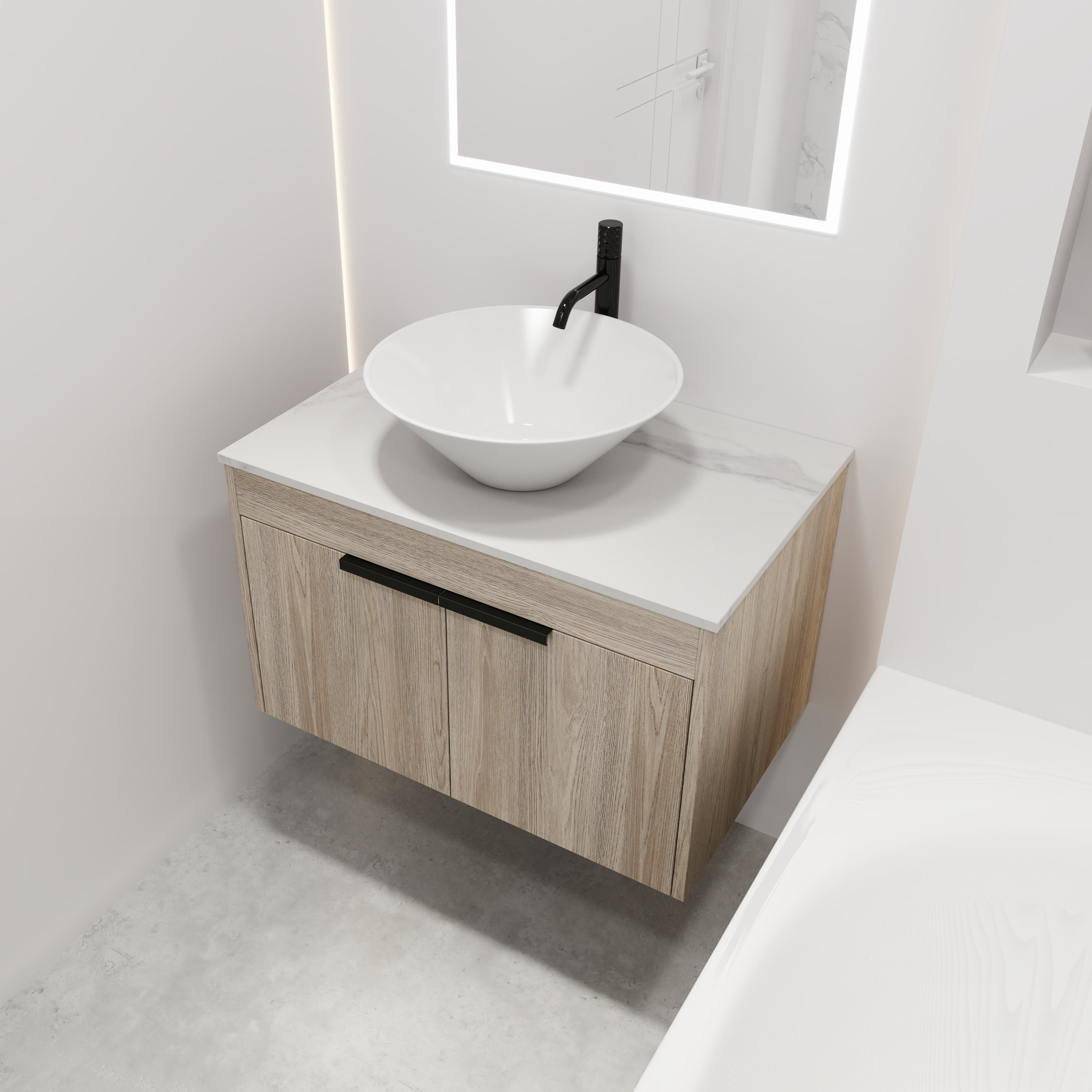 30Inch Modern Design Float Bathroom Vanity Set in White Oak  with Soft Close Door  With Ceramic Basin