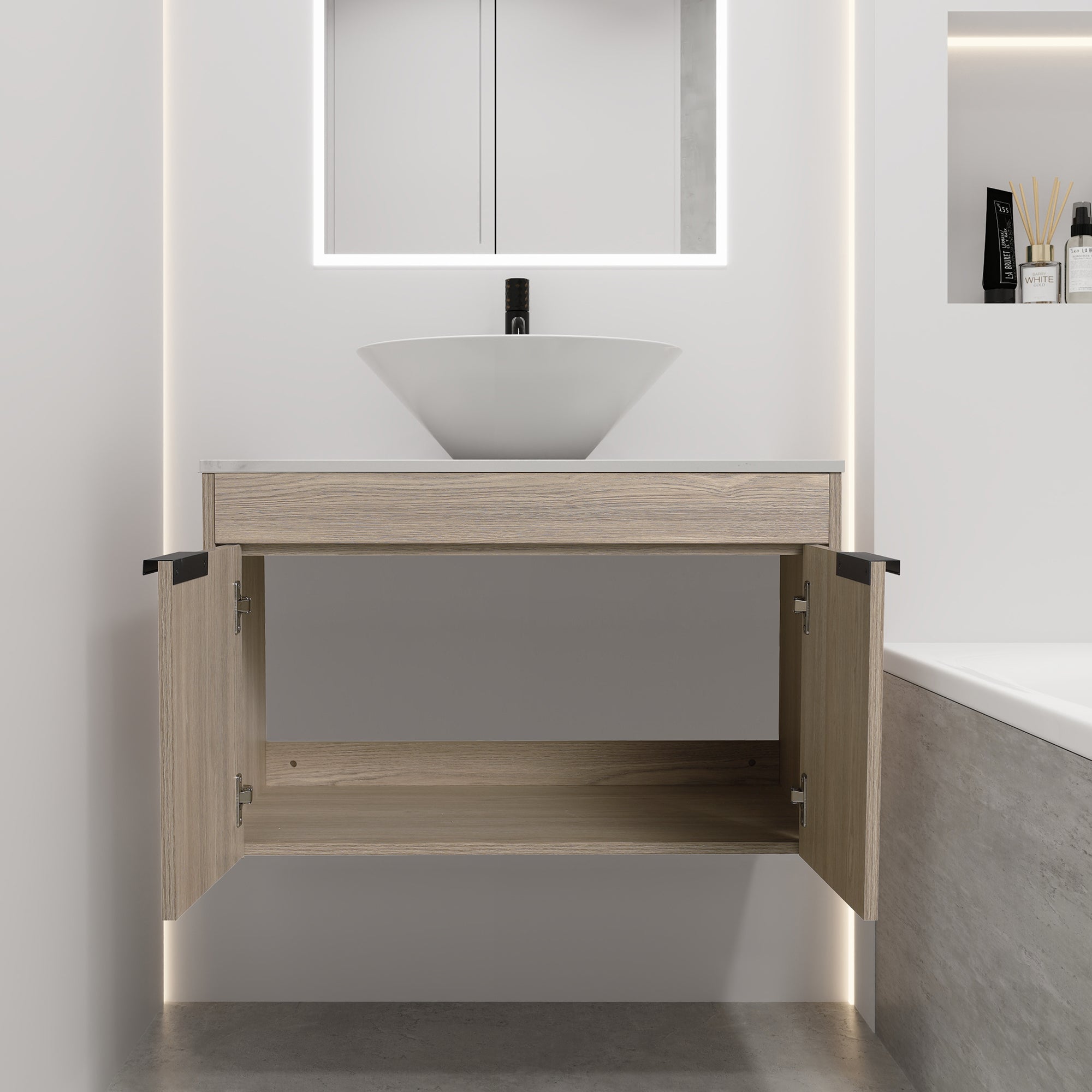 30Inch Modern Design Float Bathroom Vanity Set in White Oak  with Soft Close Door  With Ceramic Basin