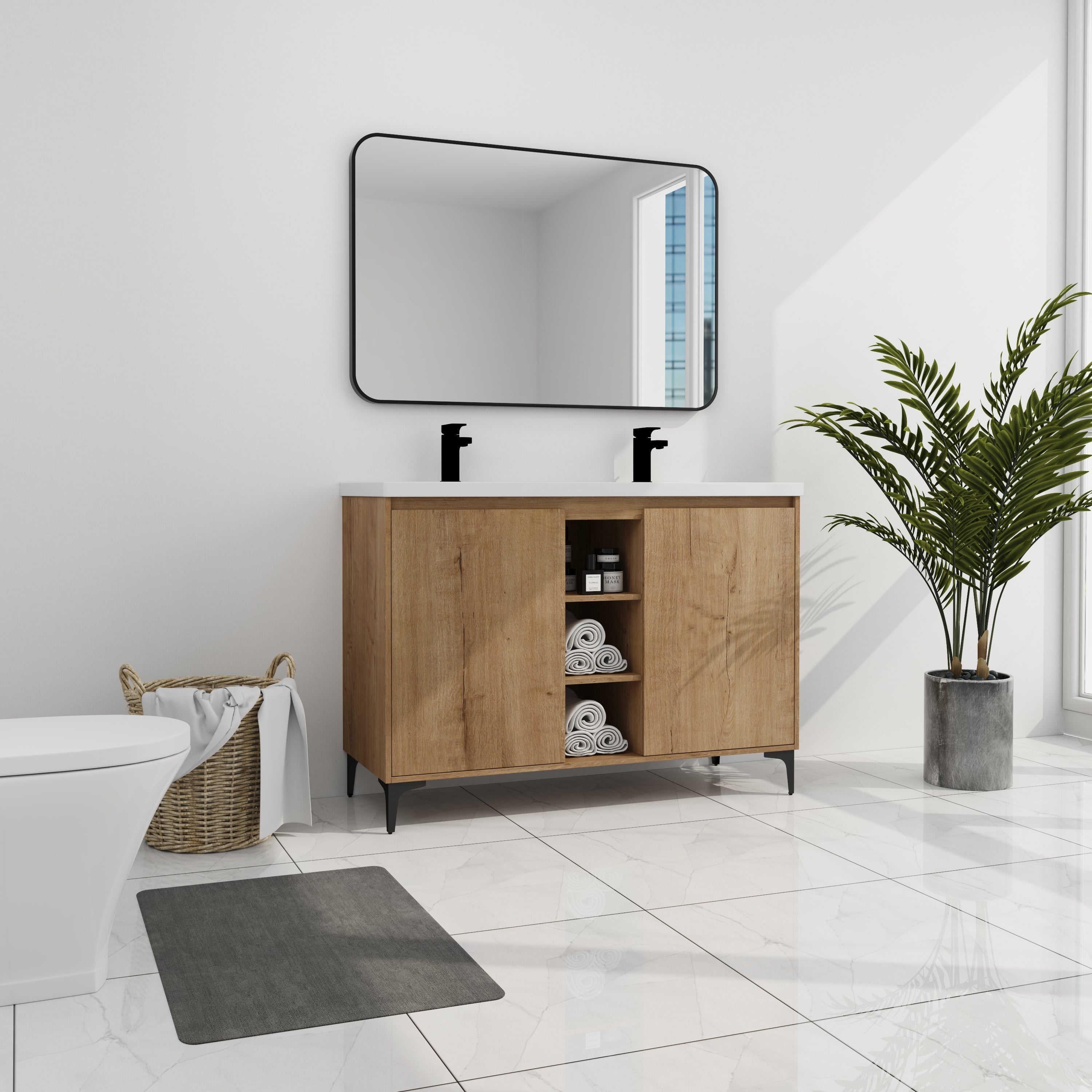 48" Freestanding Bathroom Vanity With Double Sink, Soft Closing Door Hinge