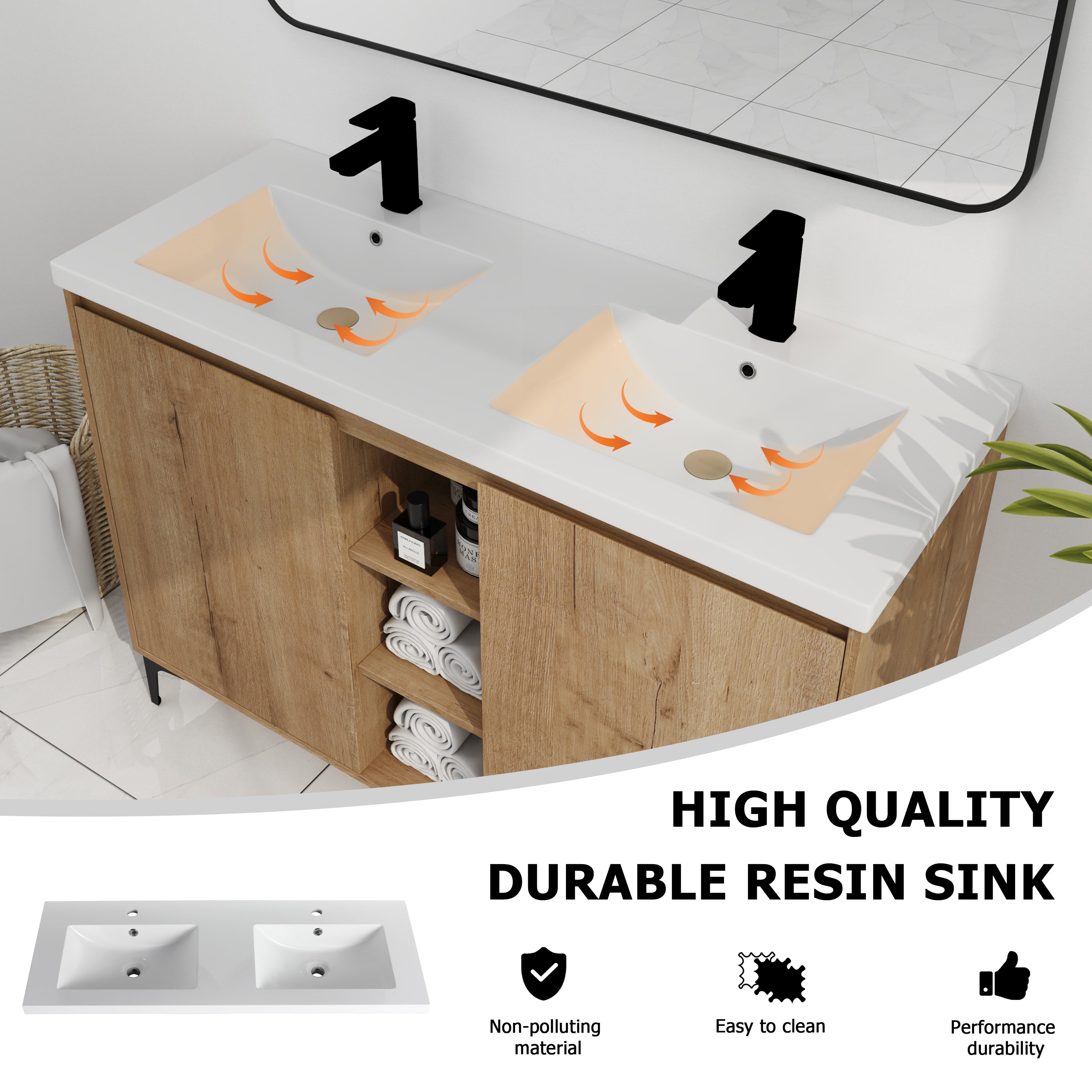 48" Freestanding Bathroom Vanity With Double Sink, Soft Closing Door Hinge