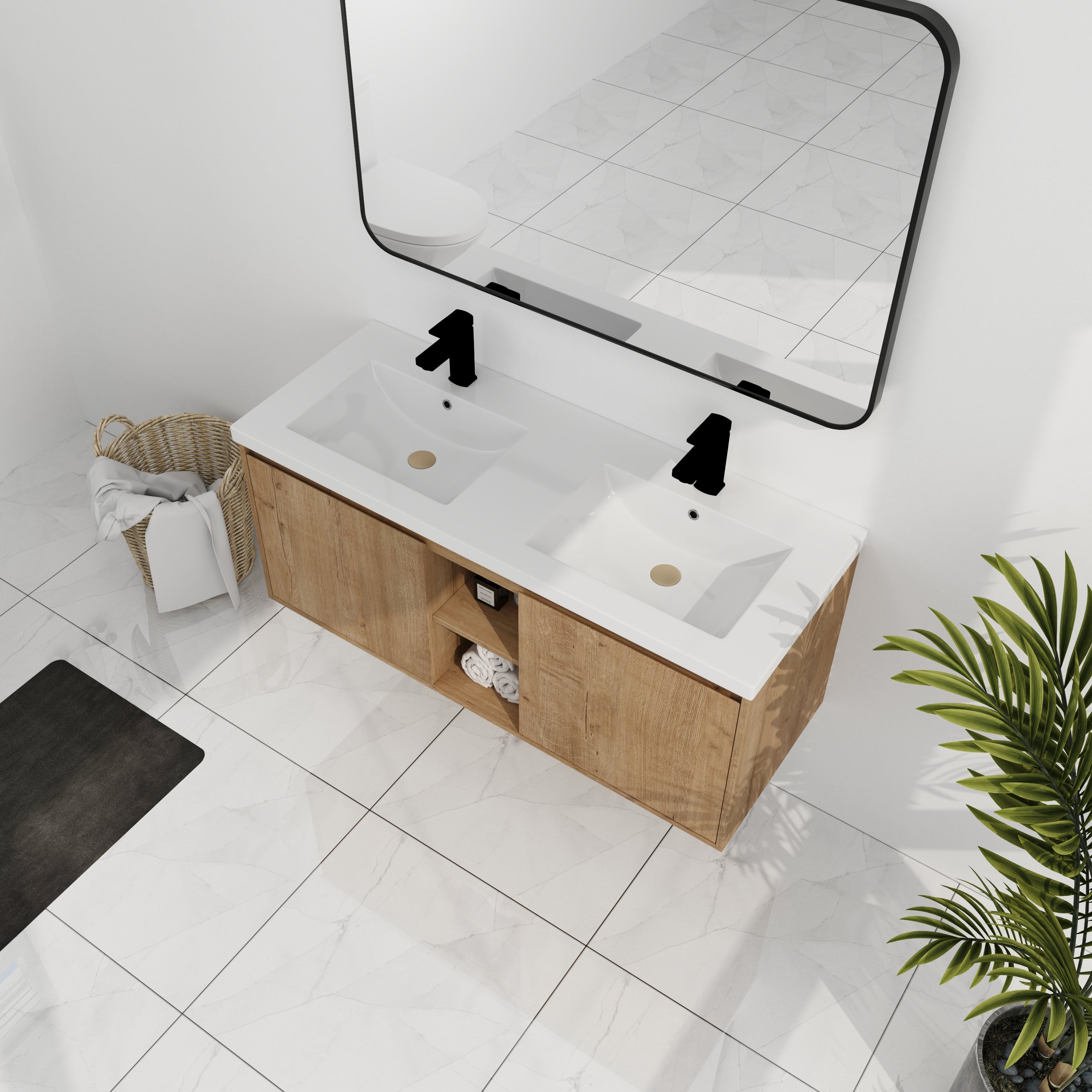 48" Wall Mounted Bathroom Vanity With Double Sink, Soft Closing Door Hinge