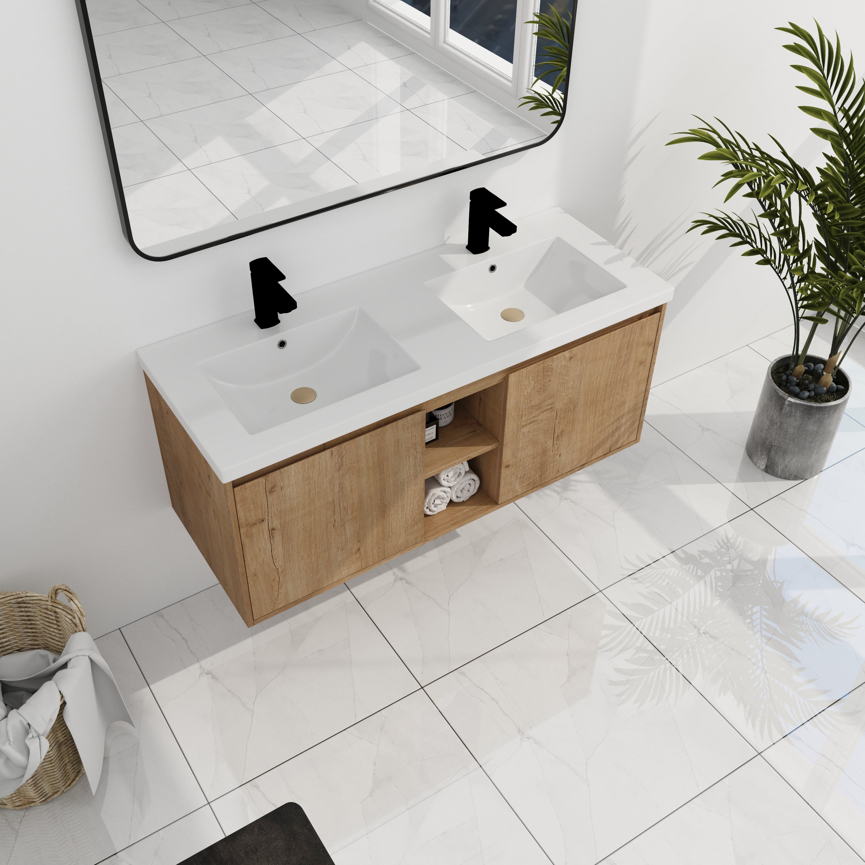 48" Wall Mounted Bathroom Vanity With Double Sink, Soft Closing Door Hinge