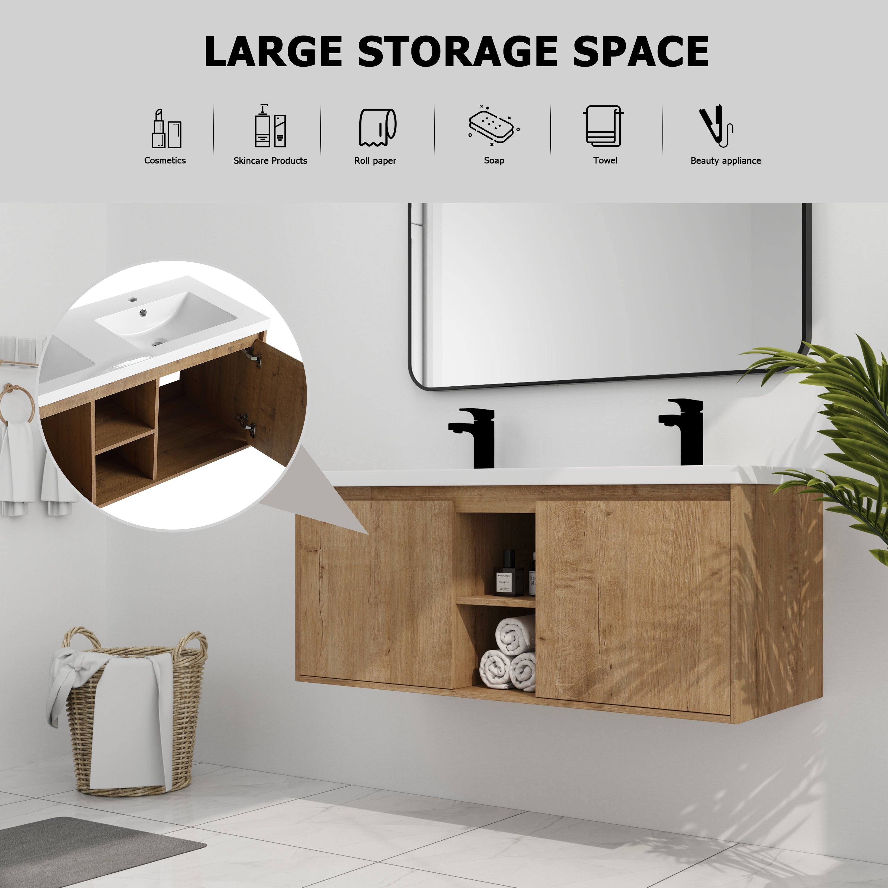 48" Wall Mounted Bathroom Vanity With Double Sink, Soft Closing Door Hinge