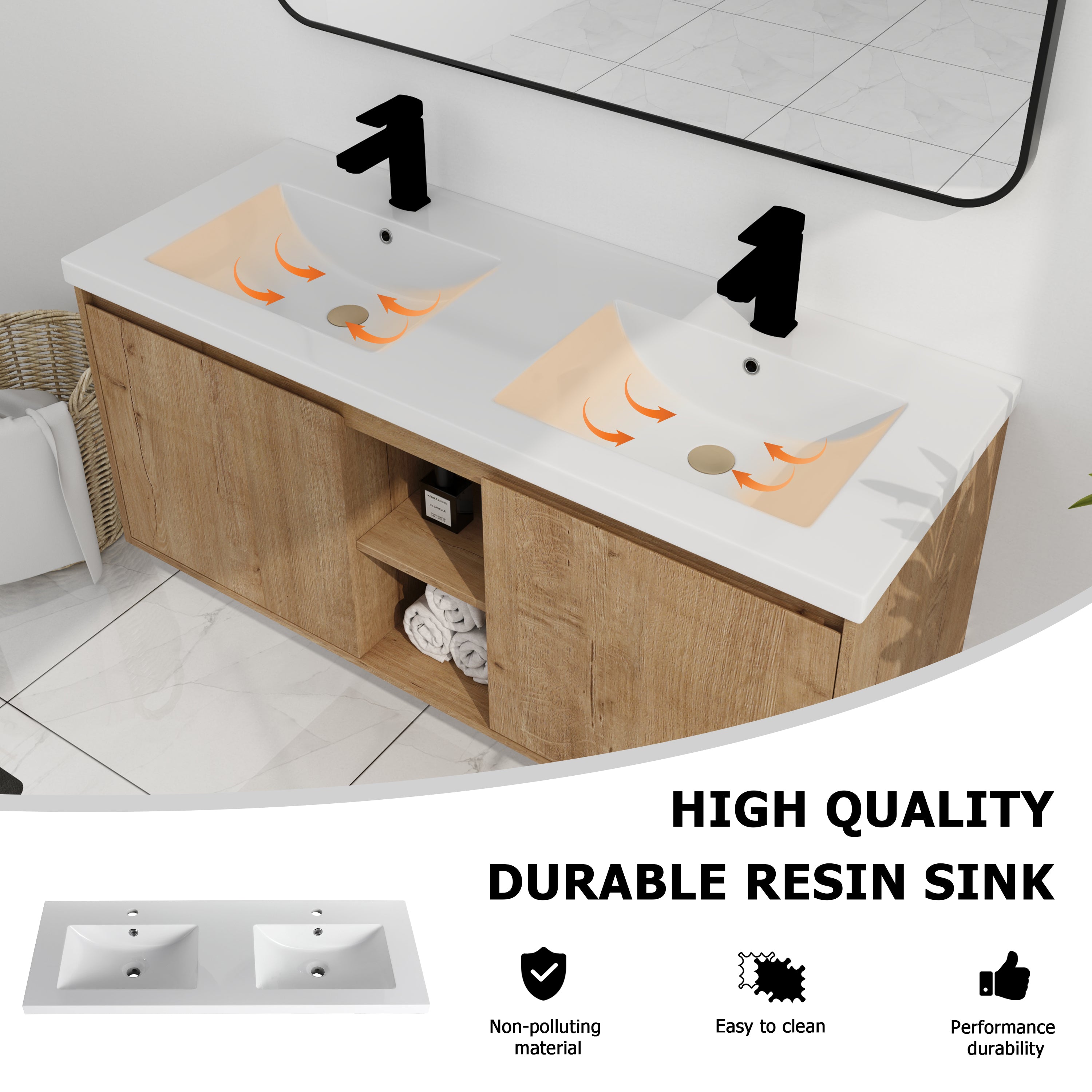 48" Wall Mounted Bathroom Vanity With Double Sink, Soft Closing Door Hinge