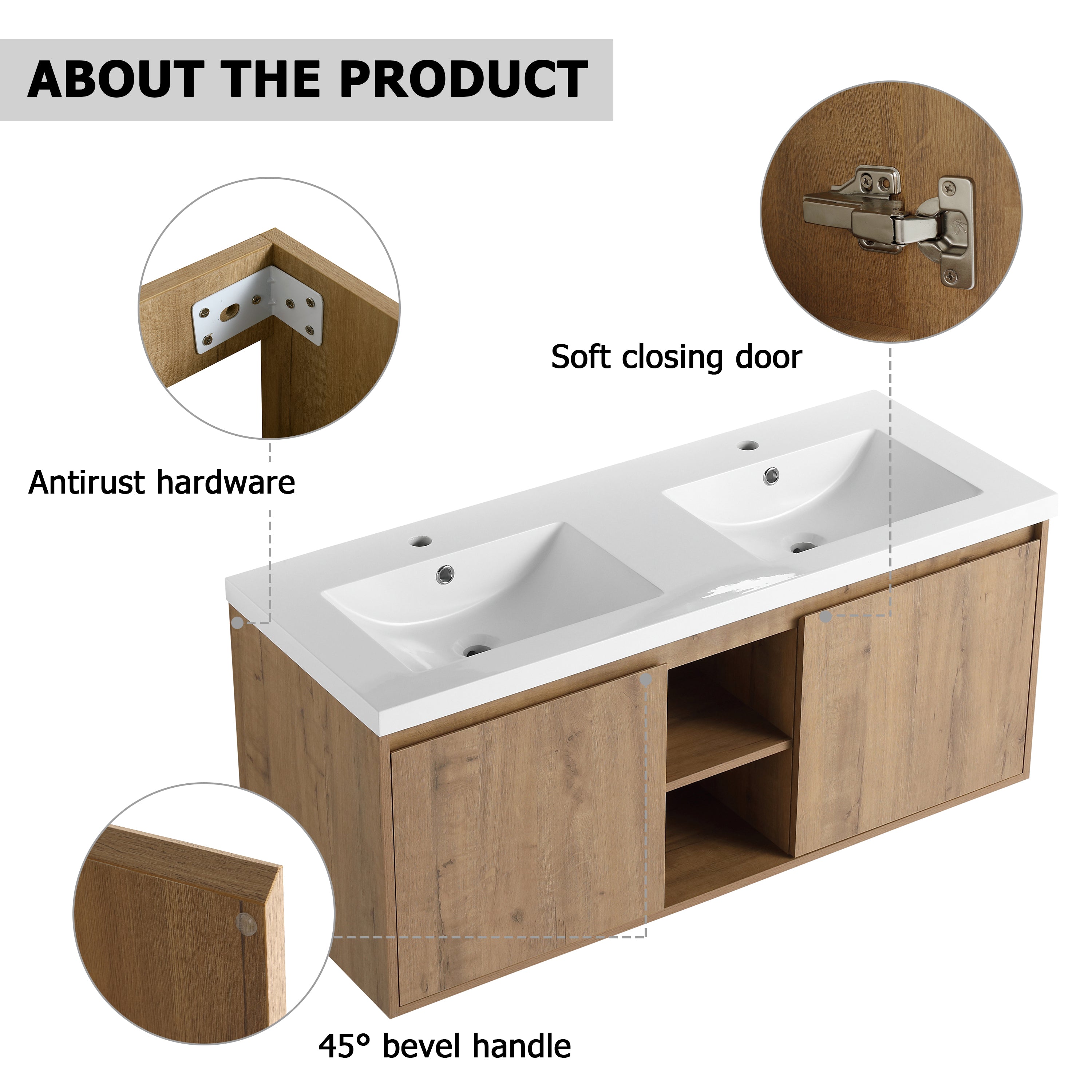 48" Wall Mounted Bathroom Vanity With Double Sink, Soft Closing Door Hinge
