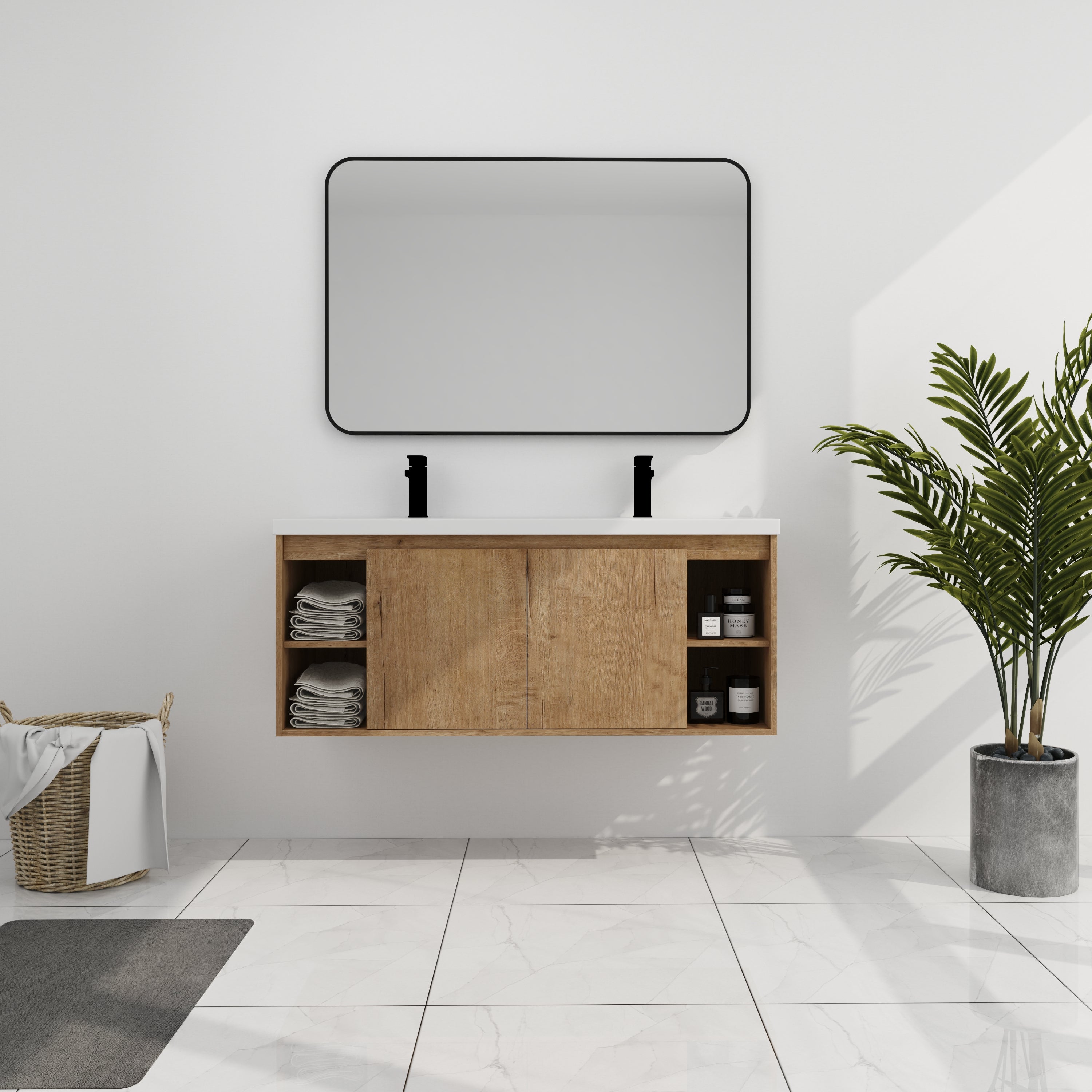 48" Wall Mounted Bathroom Vanity With Double Sink, Soft Closing Door Hinge