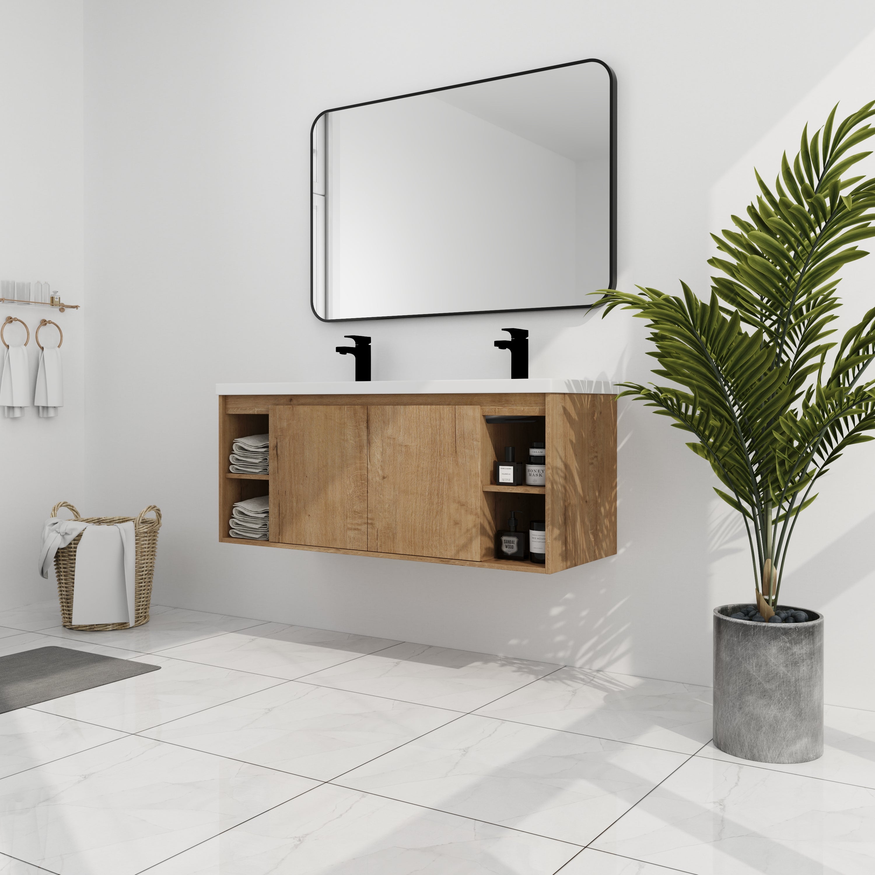 48" Wall Mounted Bathroom Vanity With Double Sink, Soft Closing Door Hinge