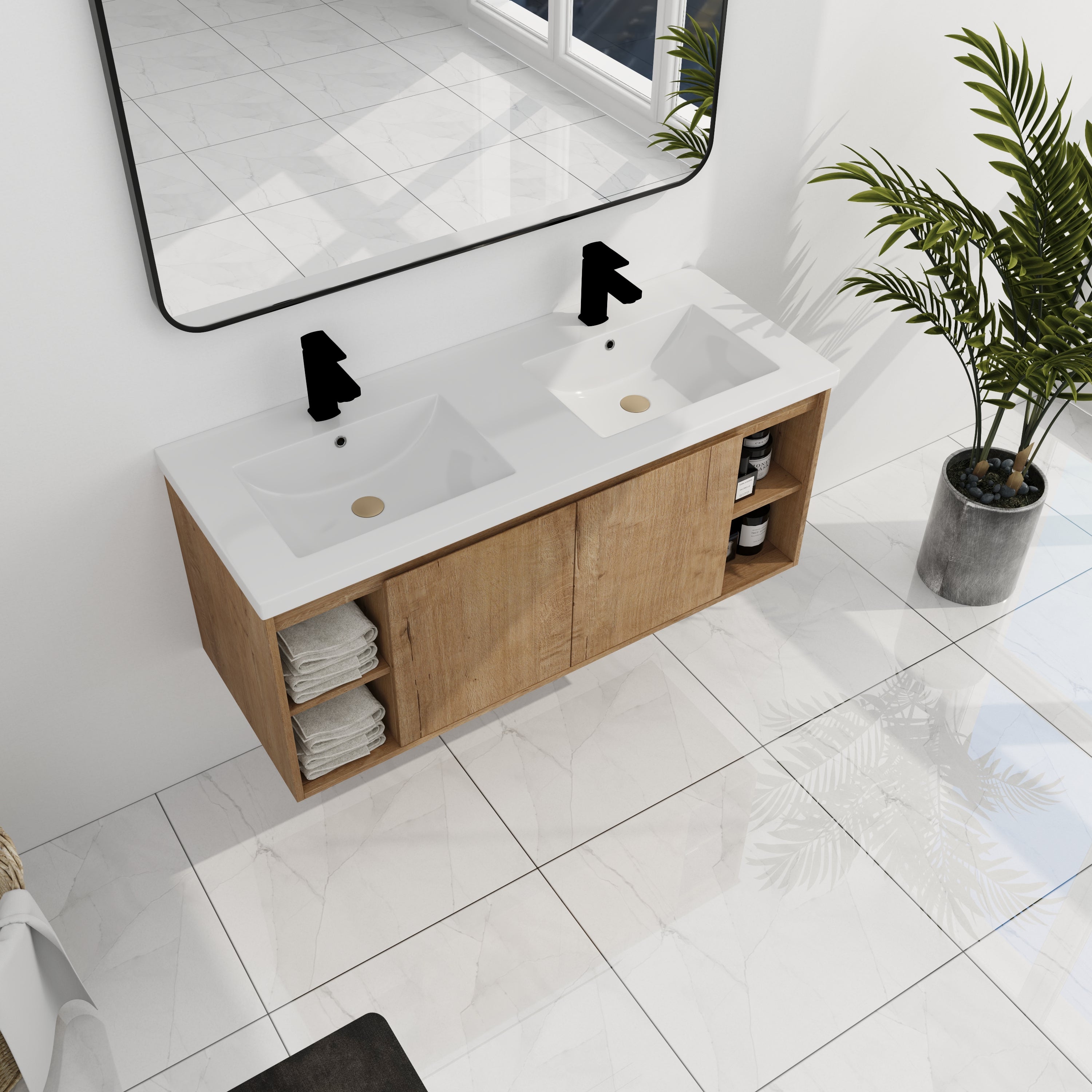 48" Wall Mounted Bathroom Vanity With Double Sink, Soft Closing Door Hinge