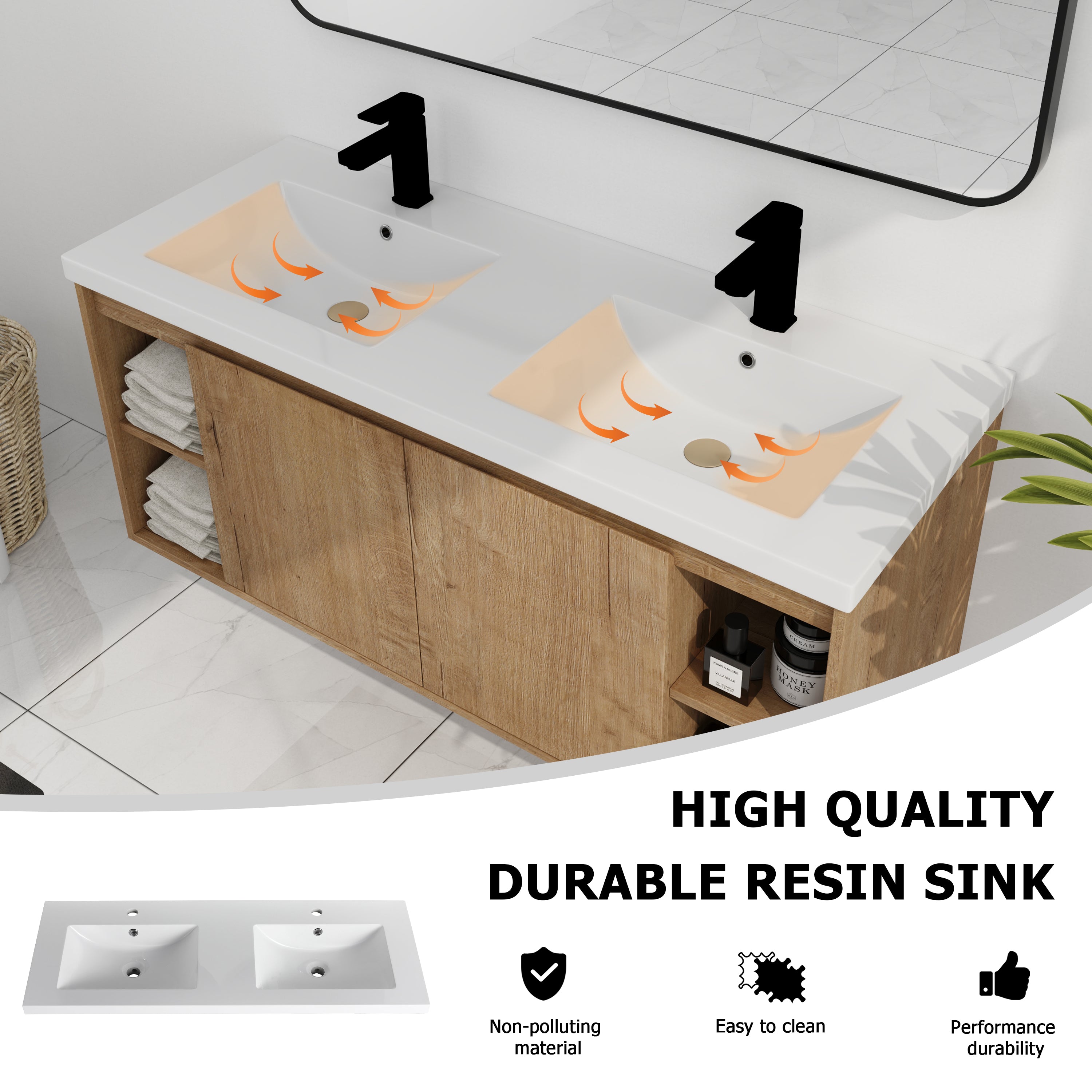 48" Wall Mounted Bathroom Vanity With Double Sink, Soft Closing Door Hinge