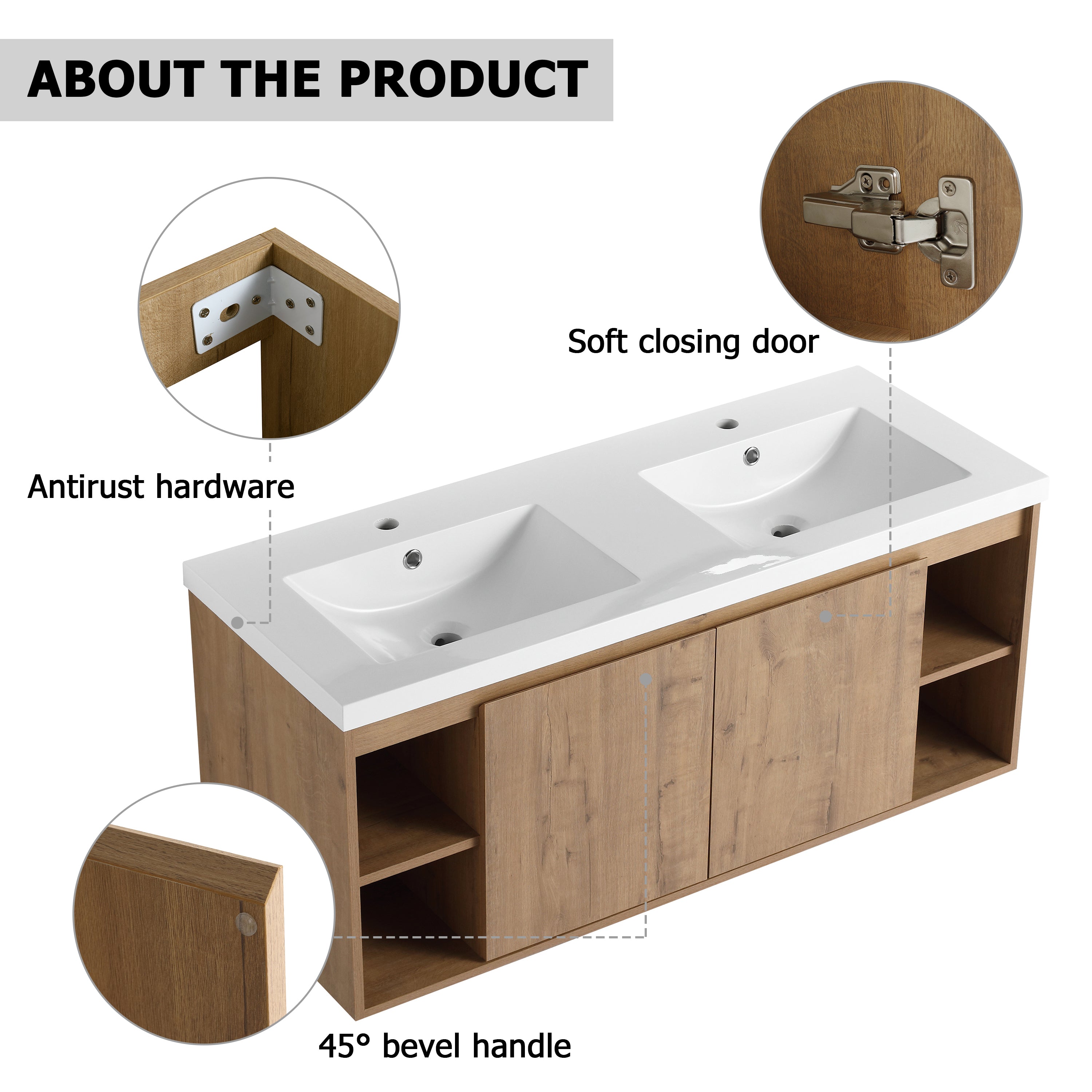 48" Wall Mounted Bathroom Vanity With Double Sink, Soft Closing Door Hinge