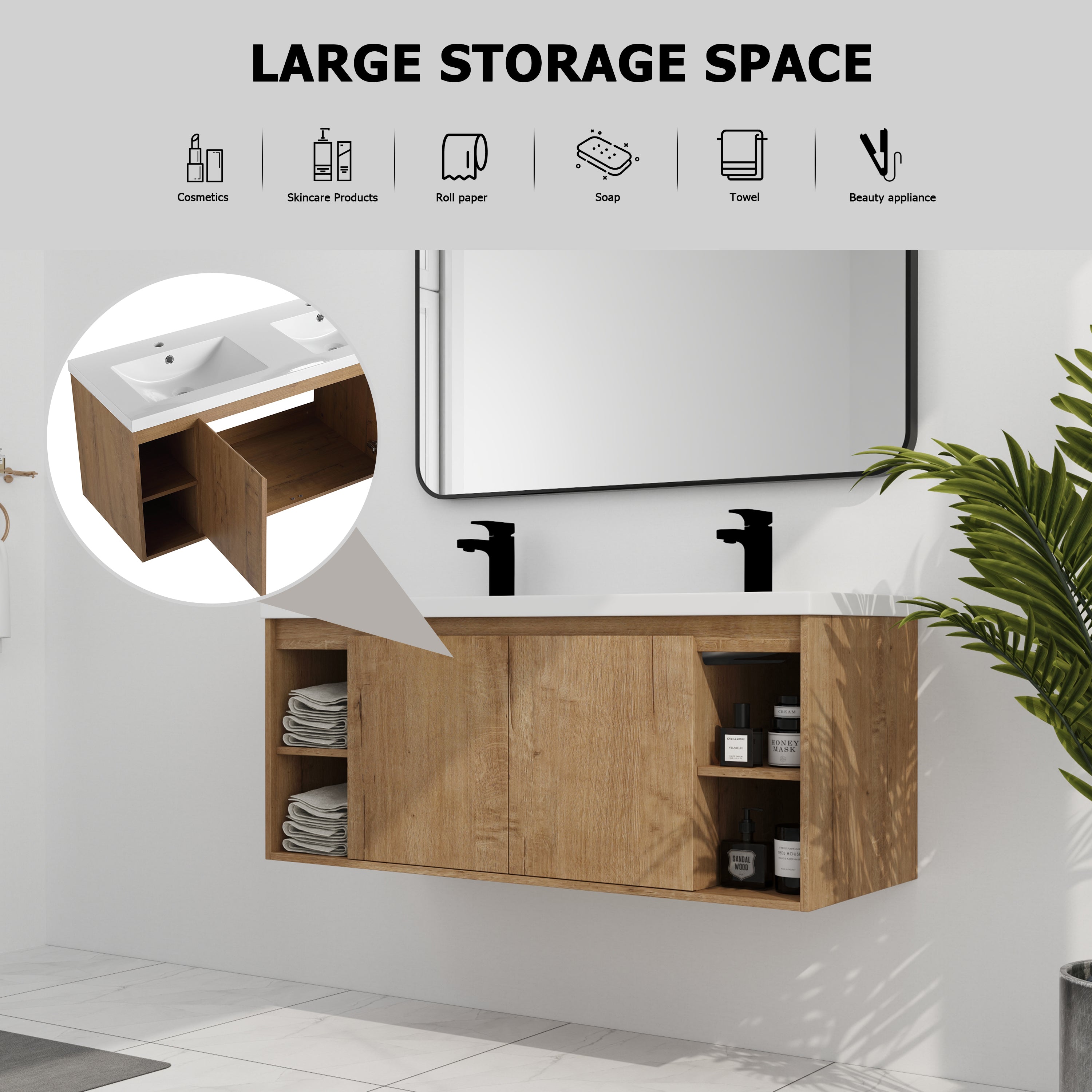 48" Wall Mounted Bathroom Vanity With Double Sink, Soft Closing Door Hinge
