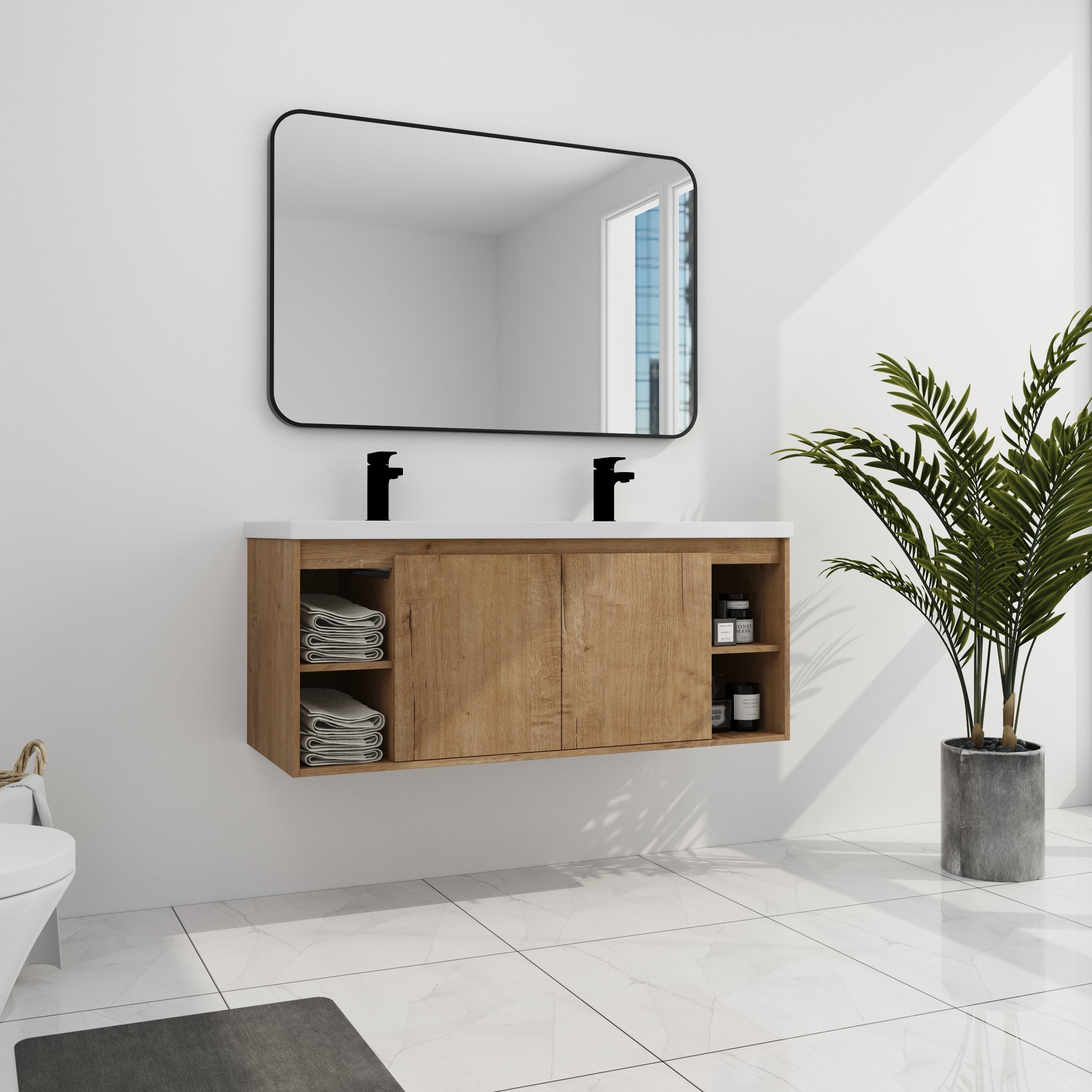 48" Wall Mounted Bathroom Vanity With Double Sink, Soft Closing Door Hinge