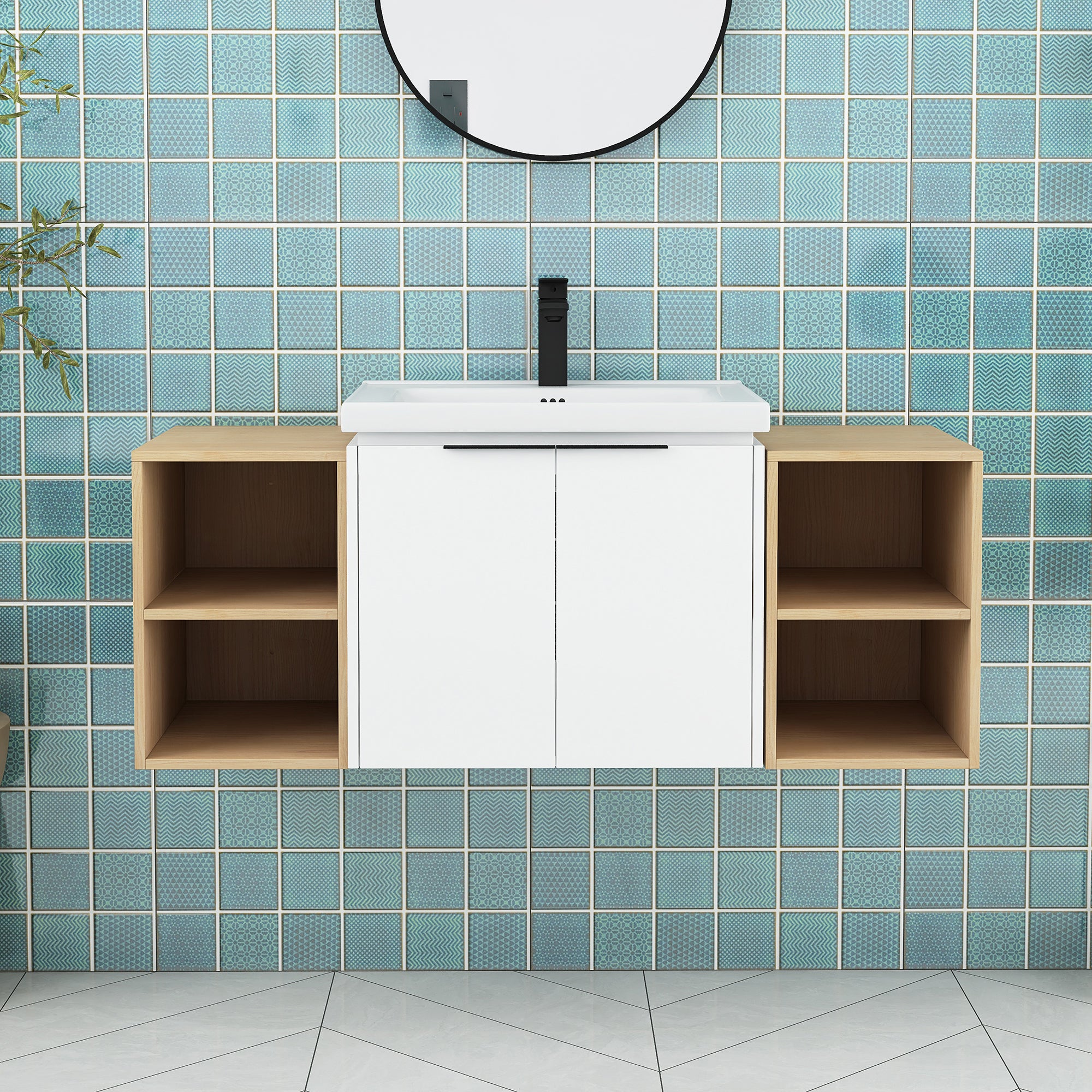 48 Inch Soft Close Doors Bathroom Vanity With Sink, and Two Small Storage Shelves