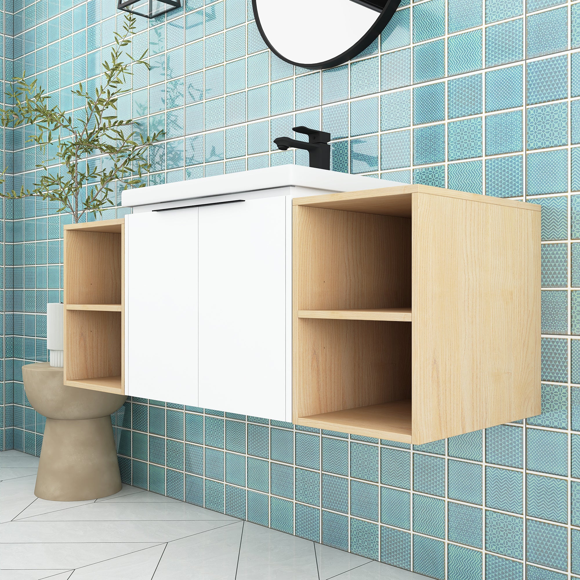 48 Inch Soft Close Doors Bathroom Vanity With Sink, and Two Small Storage Shelves