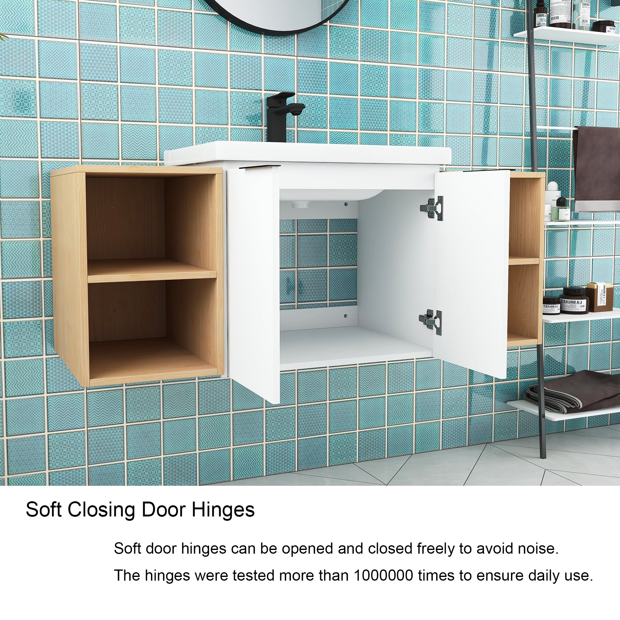 48 Inch Soft Close Doors Bathroom Vanity With Sink, and Two Small Storage Shelves