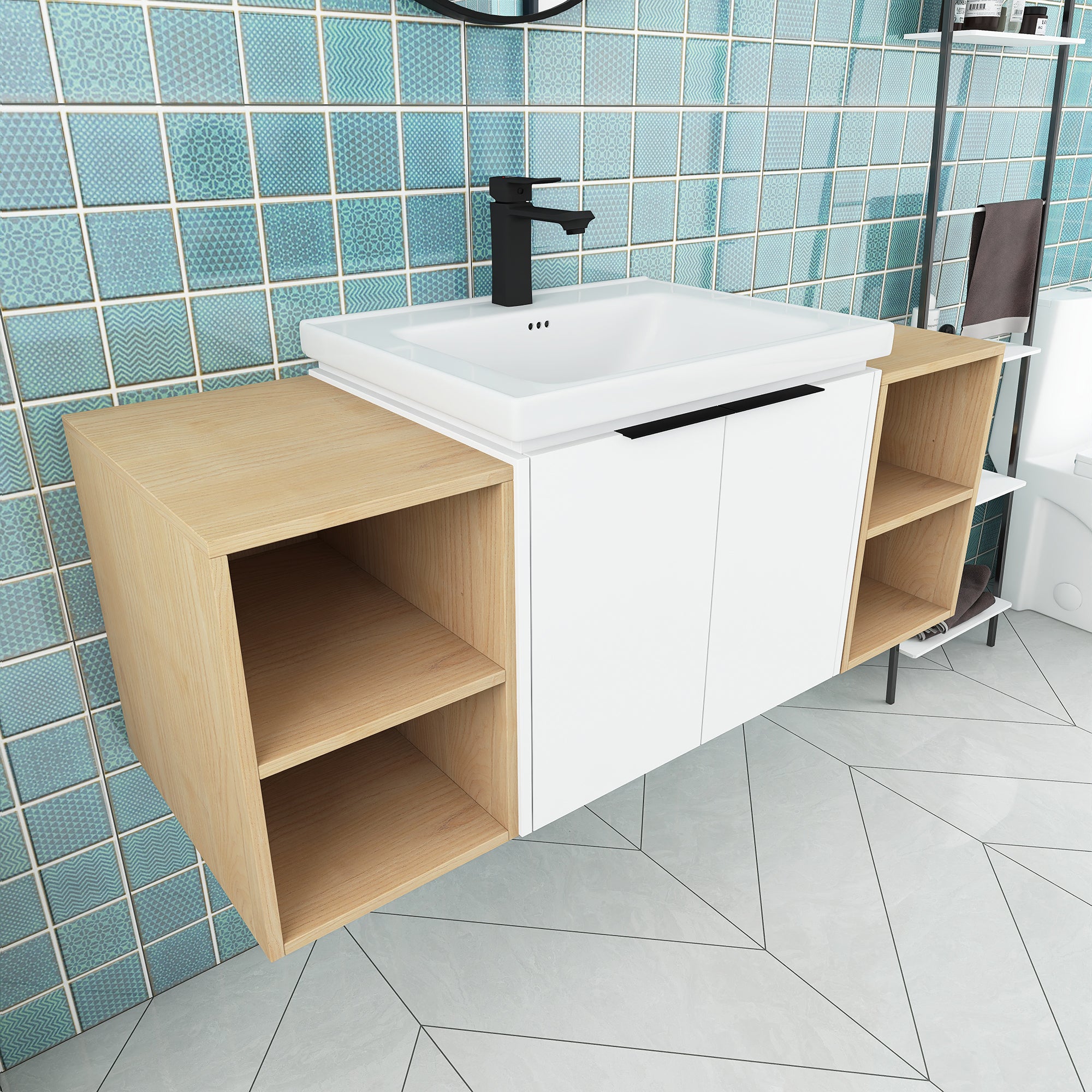 48 Inch Soft Close Doors Bathroom Vanity With Sink, and Two Small Storage Shelves