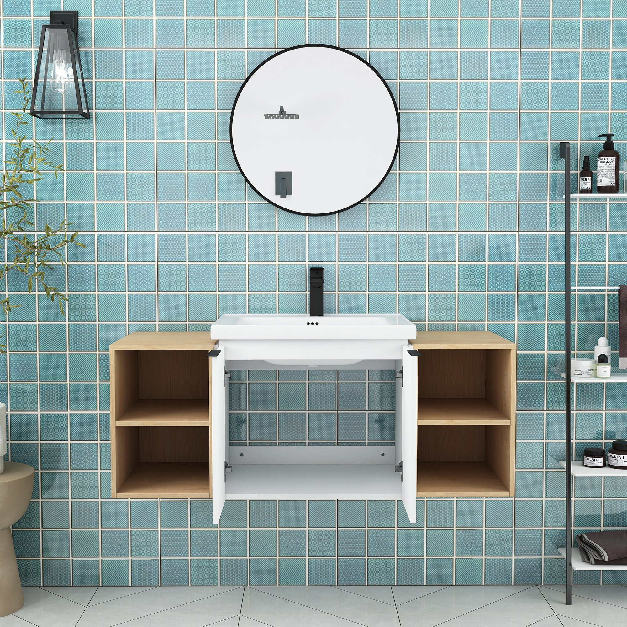 48 Inch Soft Close Doors Bathroom Vanity With Sink, and Two Small Storage Shelves