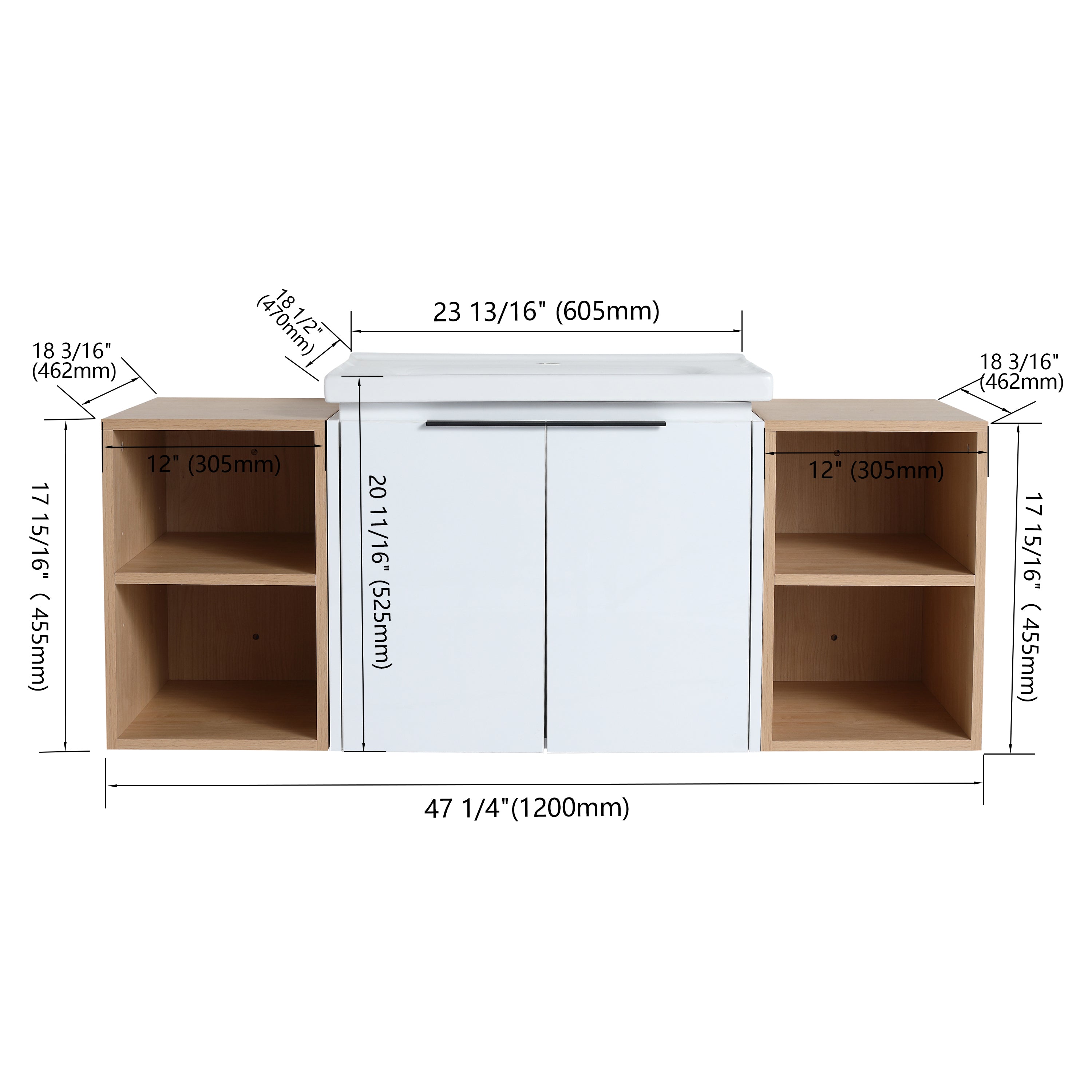 48 Inch Soft Close Doors Bathroom Vanity With Sink, and Two Small Storage Shelves