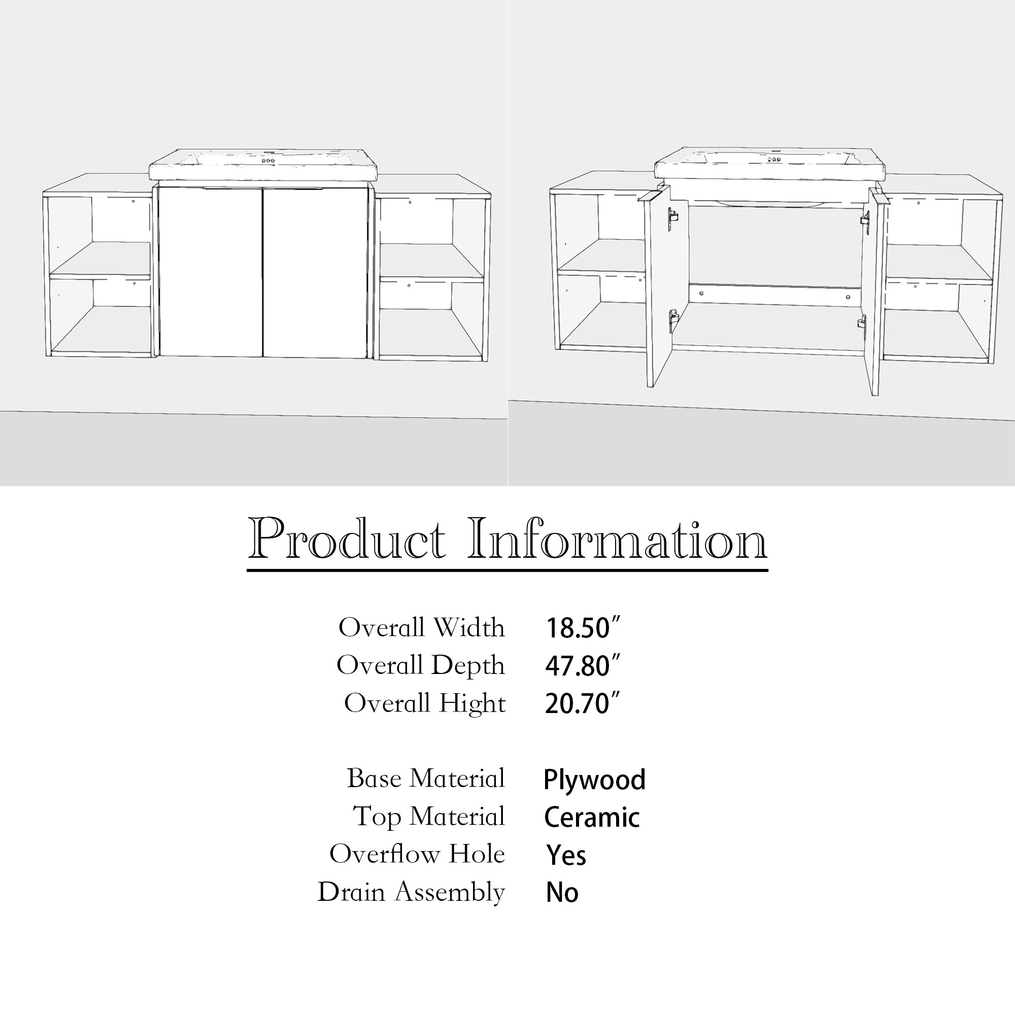 48 Inch Soft Close Doors Bathroom Vanity With Sink, and Two Small Storage Shelves