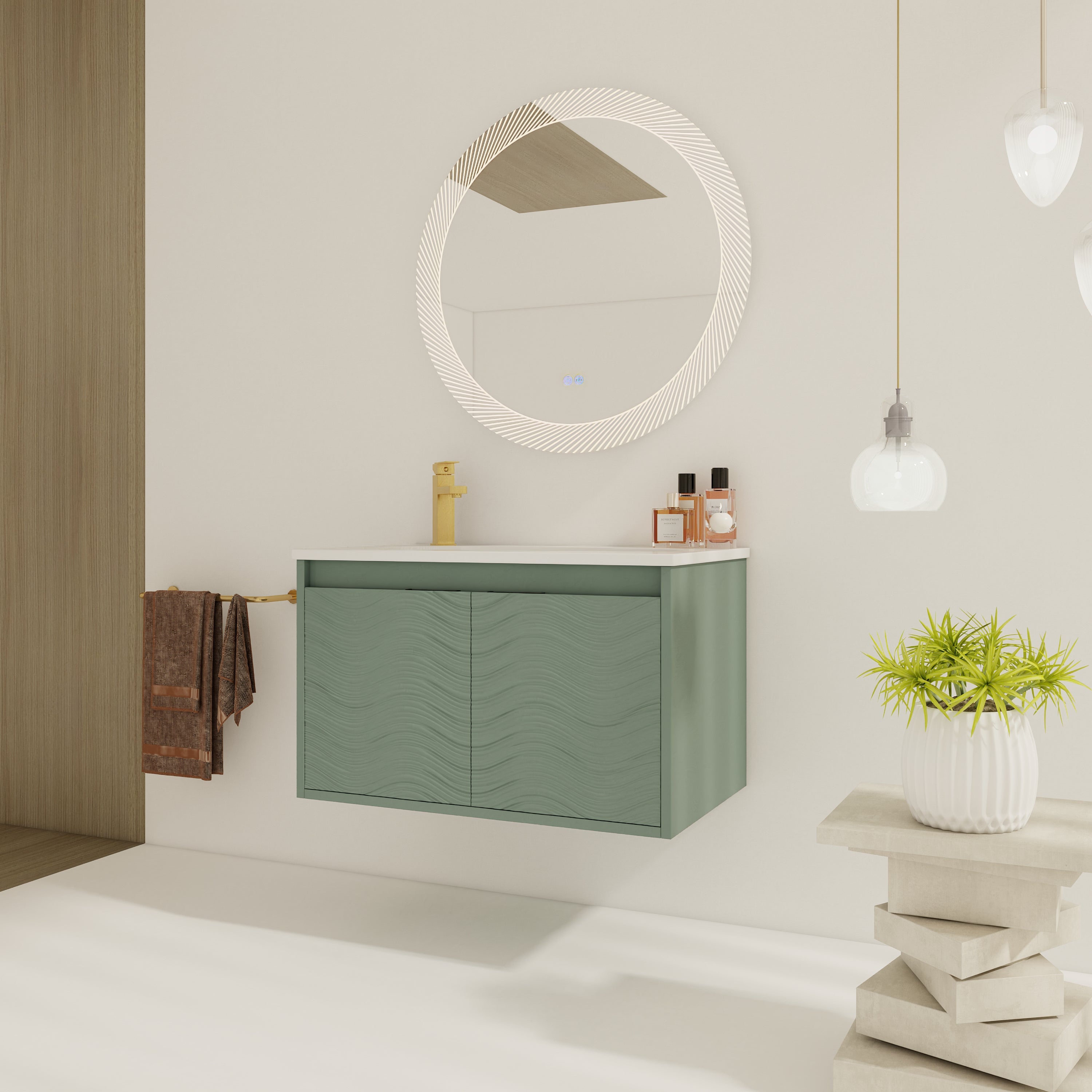 30 inch Plywood Wall Mounted Bathroom Vanity  in Green with Integrated Resin Sink with Drain