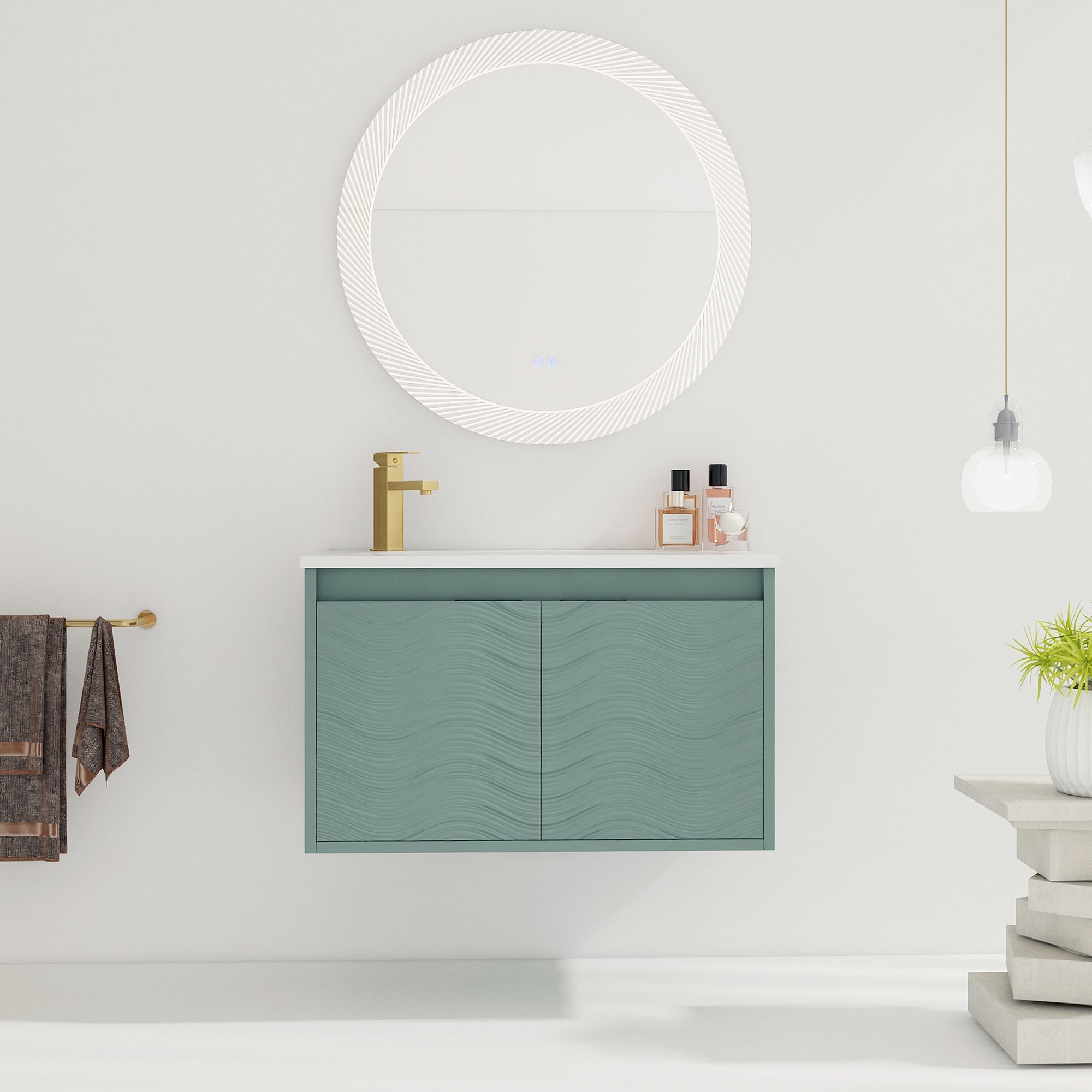 30 inch Plywood Wall Mounted Bathroom Vanity  in Green with Integrated Resin Sink with Drain