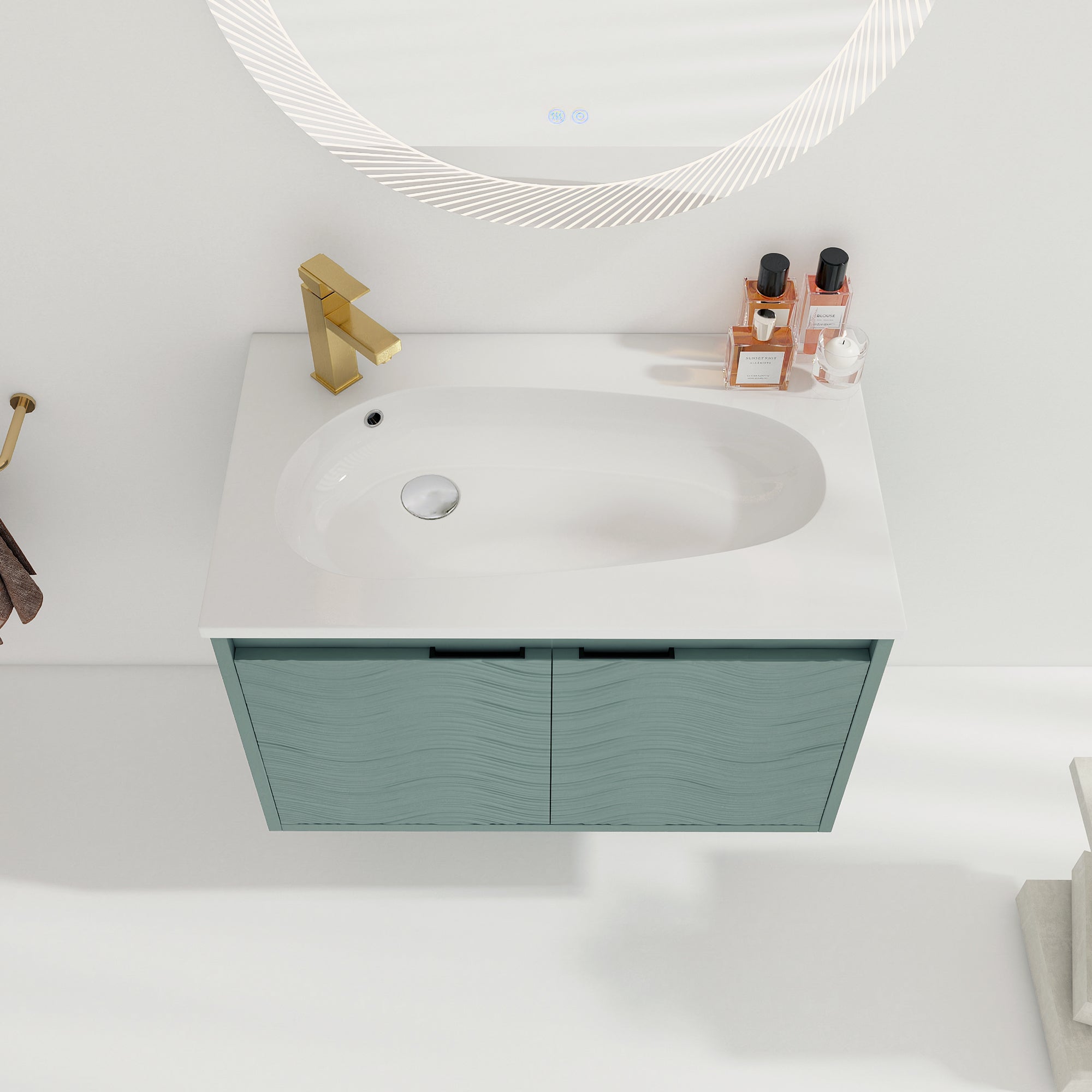 30 inch Plywood Wall Mounted Bathroom Vanity  in Green with Integrated Resin Sink with Drain
