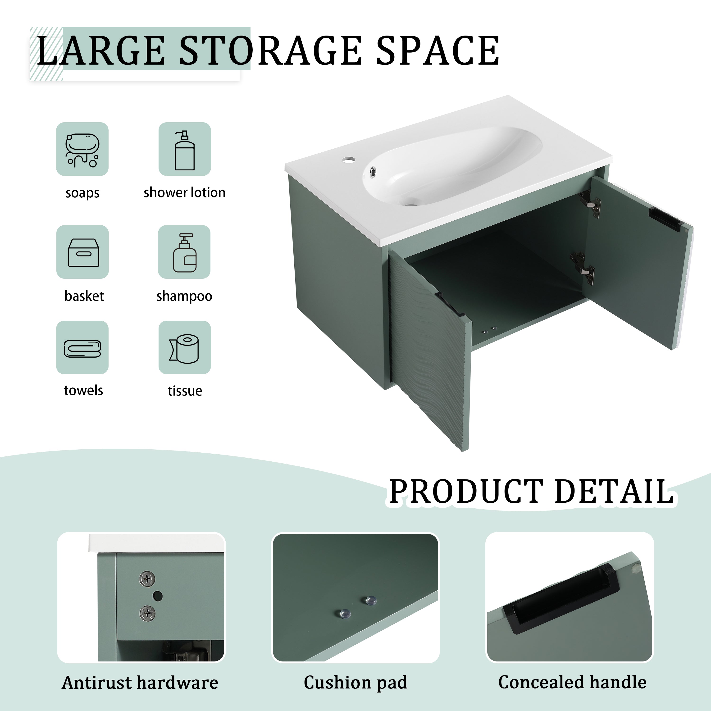30 inch Plywood Wall Mounted Bathroom Vanity  in Green with Integrated Resin Sink with Drain