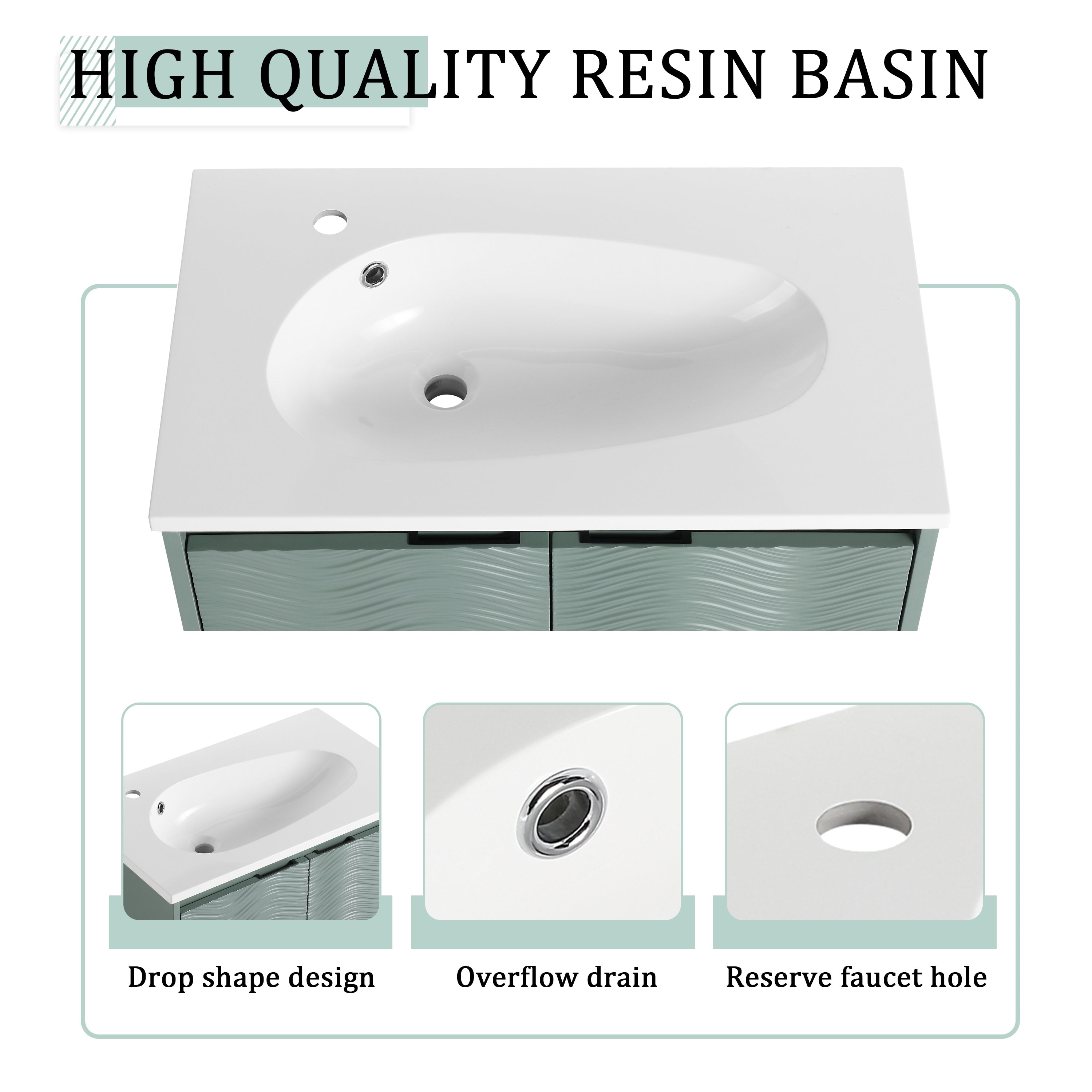 30 inch Plywood Wall Mounted Bathroom Vanity  in Green with Integrated Resin Sink with Drain