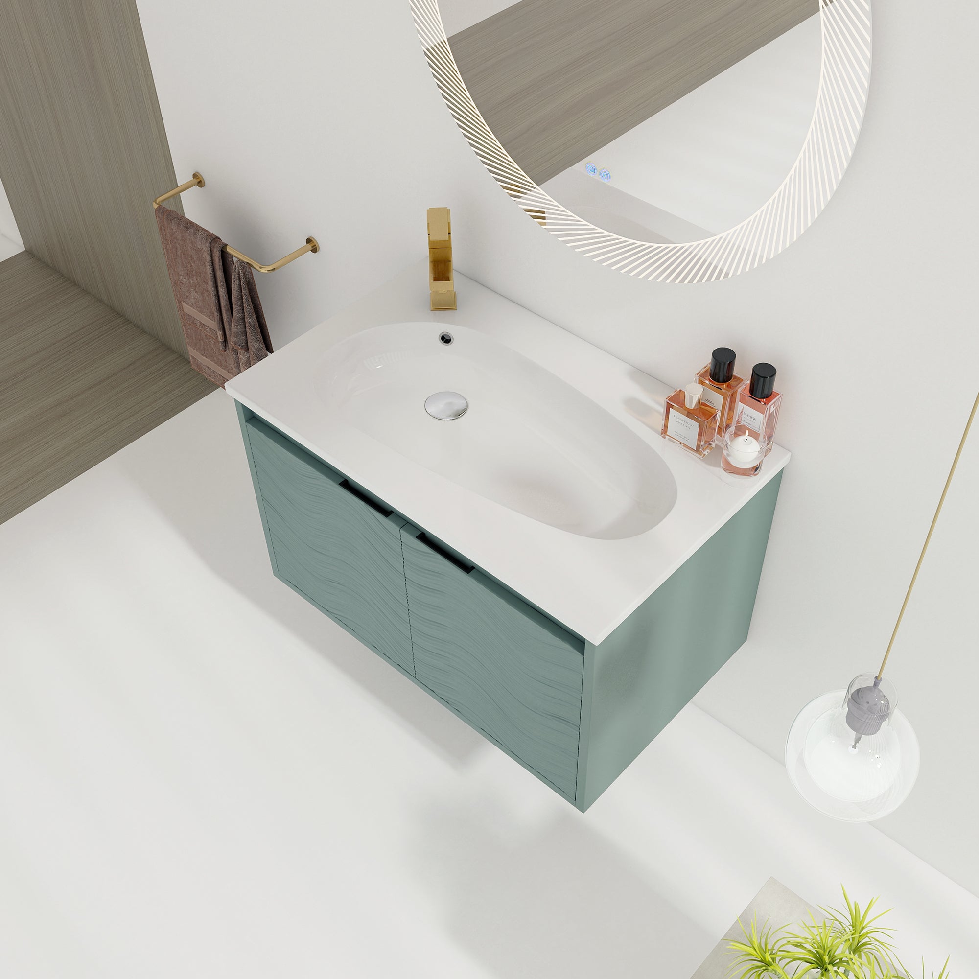 30 inch Plywood Wall Mounted Bathroom Vanity  in Green with Integrated Resin Sink with Drain