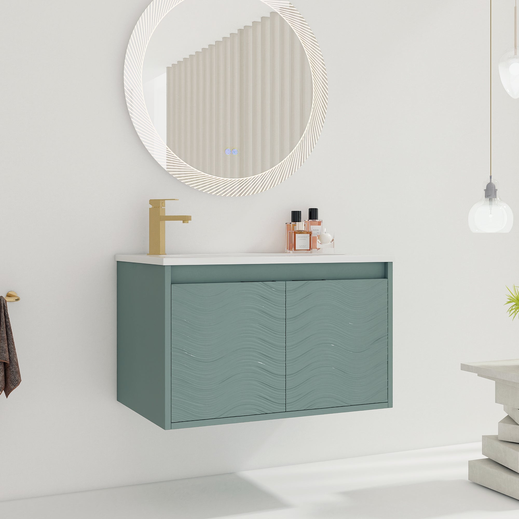 30 inch Plywood Wall Mounted Bathroom Vanity  in Green with Integrated Resin Sink with Drain