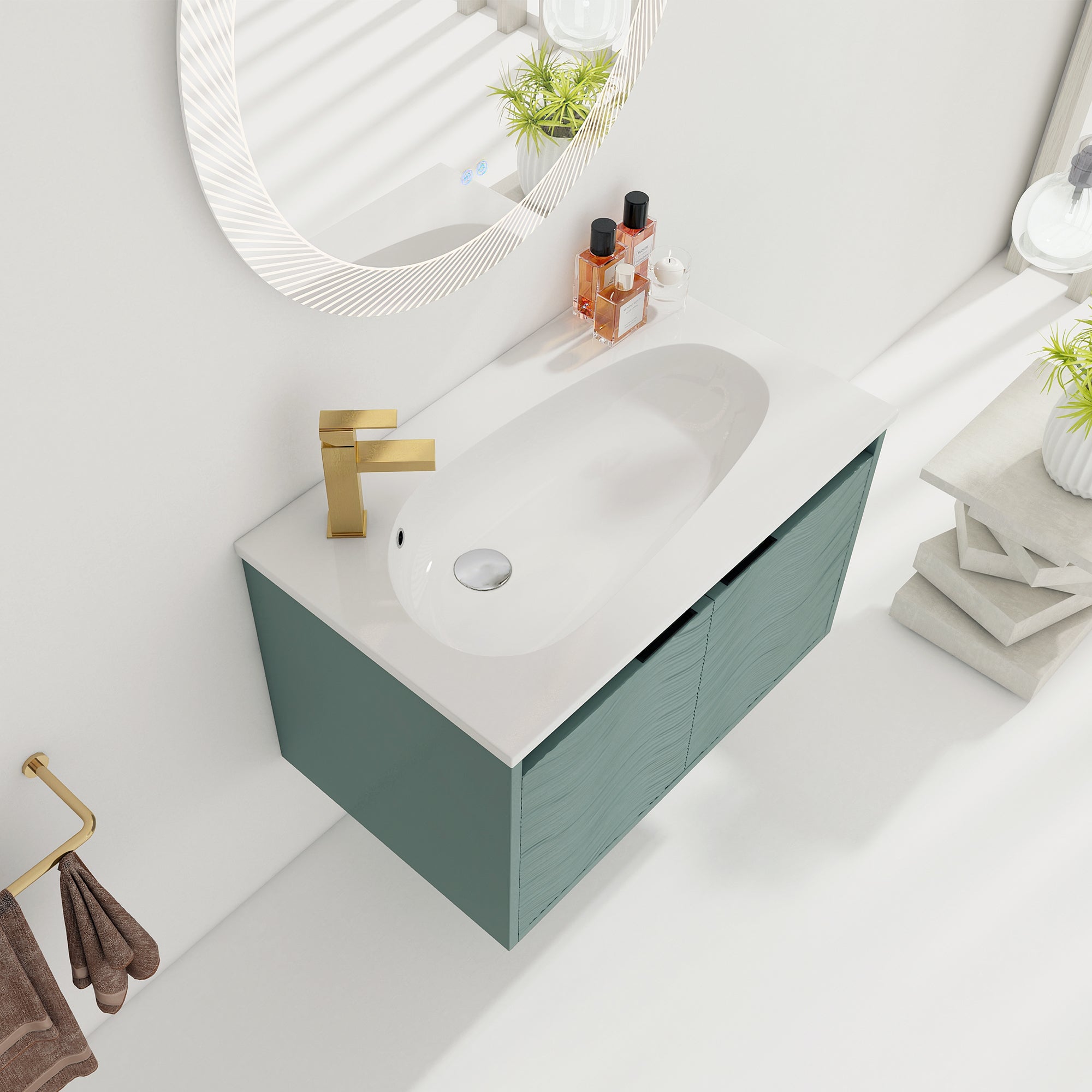 30 inch Plywood Wall Mounted Bathroom Vanity  in Green with Integrated Resin Sink with Drain
